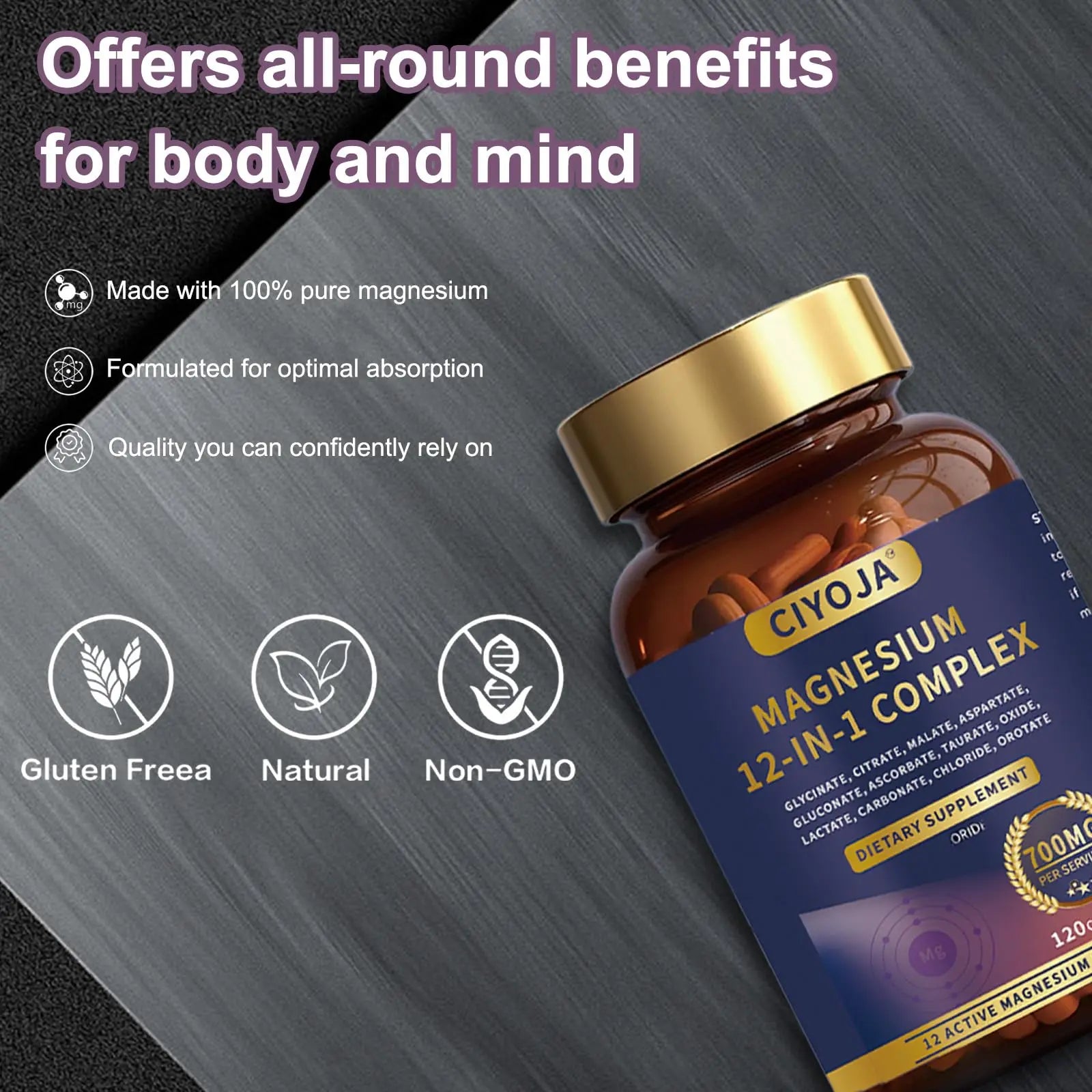 12-in-1 Magnesium Complex for Women Men: Magnesium Glycinate 700mg with Citrate, Malate Taurate Chelated Forms - High Absorption Magnesium Supplement for Relaxation Muscle Heart - 120 Vegan Capsules CIYOJA Au supplements
