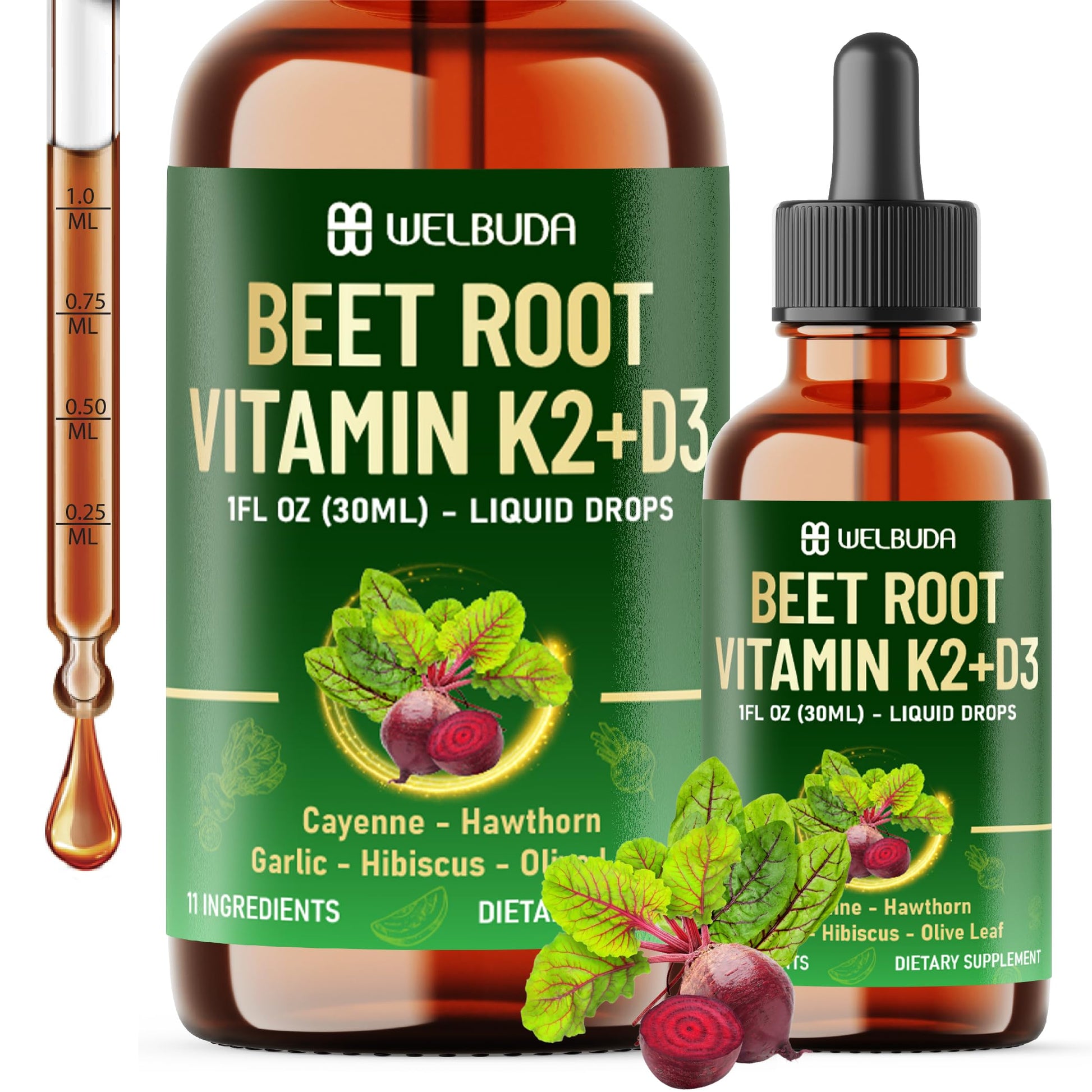 11in1 Beet Root Liquid Supplement - for Support Immune, Energy - with Vitamin D3, Vitamin K2, Hawthorn Berry, Cayenne Pepper, Garlic, Hibiscus, Olive, Red Spinach, Green Tea - 1 FL Oz - 30 Servings WELBUDA Au supplements