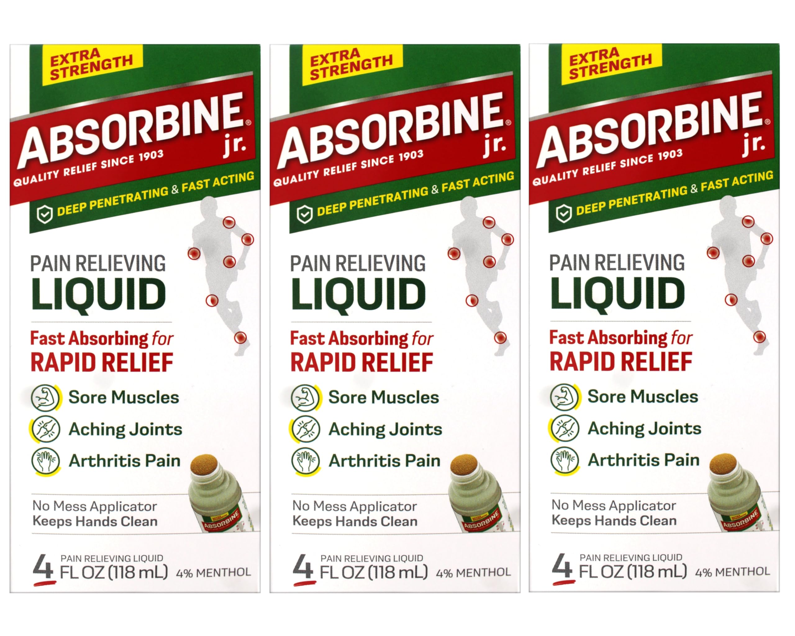 ABSORBINE JR. Extra Strength Pain Relieving Liquid, for Muscle, Joints, Arthritis Pain, with No-Mess Applicator, 4 Oz - 3 Pack Absorbine Au supplements