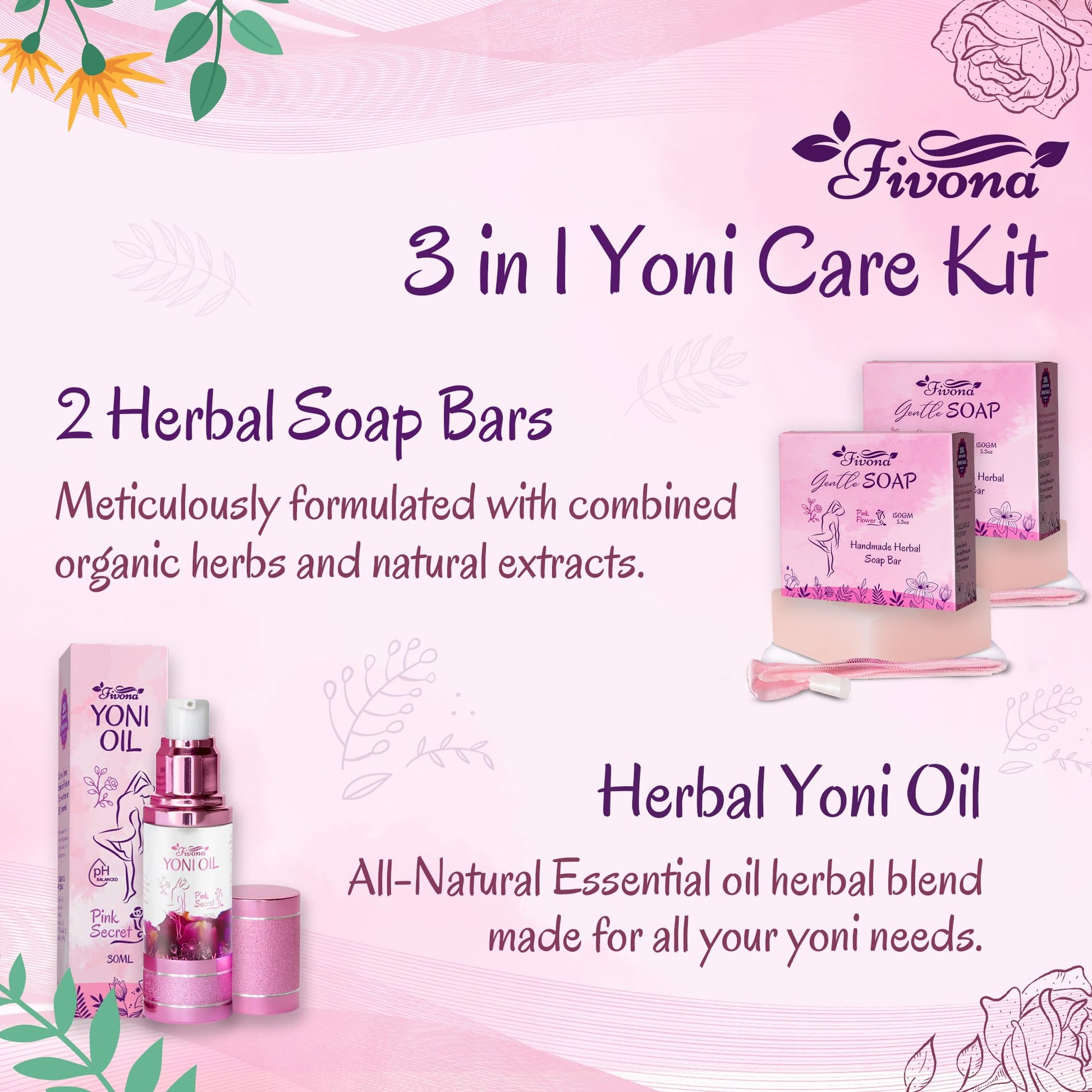 FIVONA 3 in 1 Set of Yoni Oil with 2 Yoni Soap Bars - Feminine pH Balanced Natural Vaginal Oil 30 ml FIVONA Au supplements