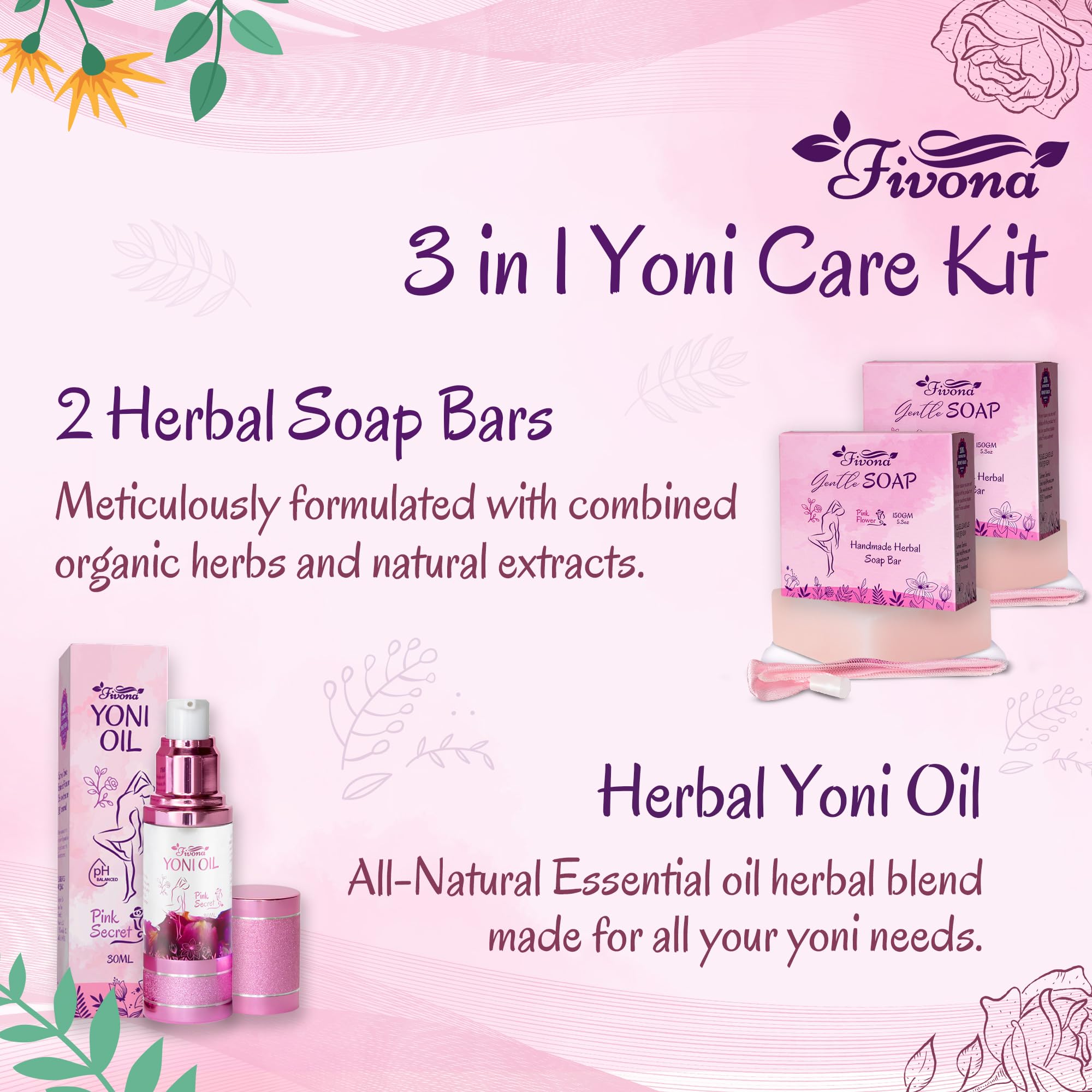 FIVONA 3 in 1 Set of Yoni Oil with 2 Yoni Soap Bars - Feminine pH Balanced Natural Vaginal Oil 30 ml FIVONA Au supplements