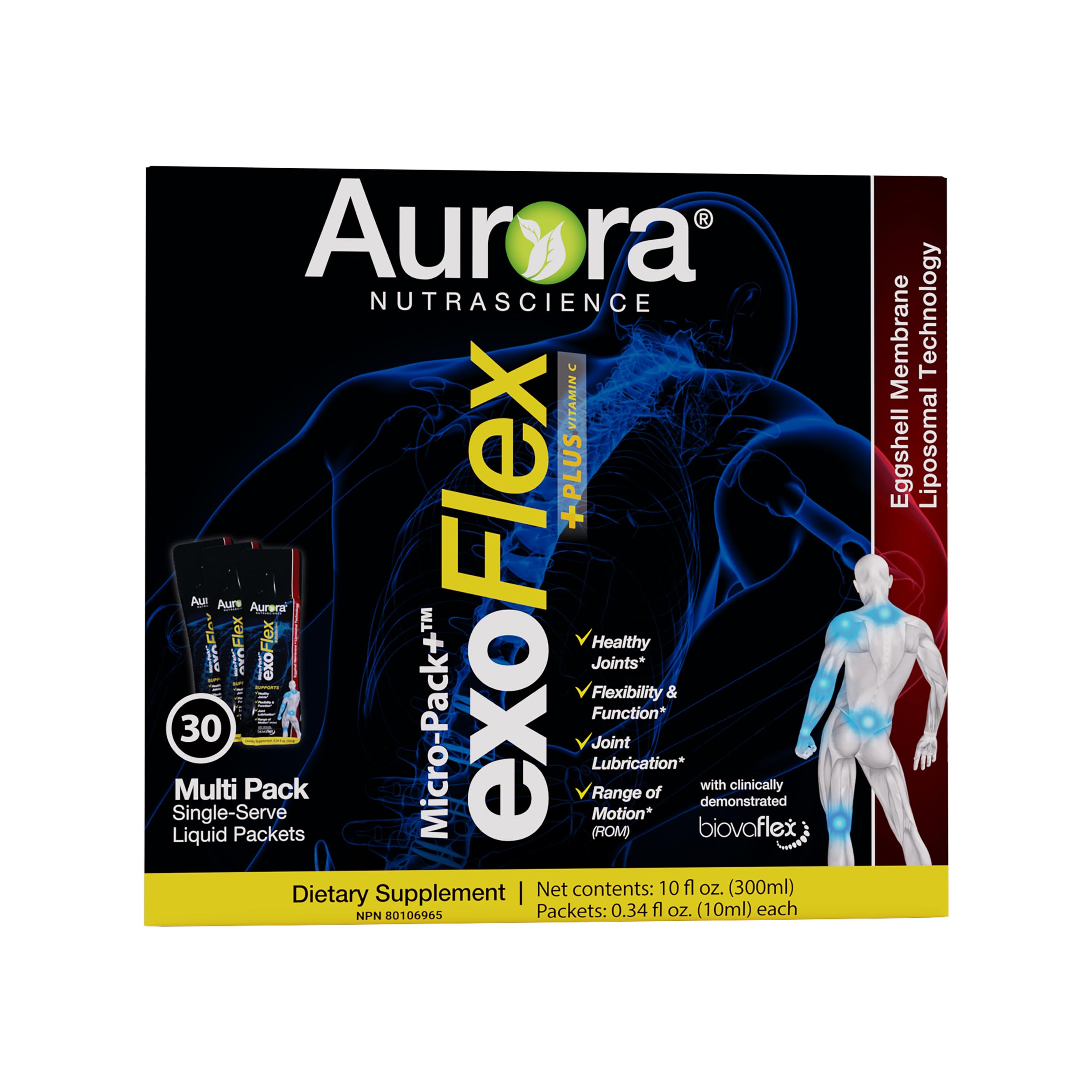 Aurora Nutrascience Micro-Pack Liposomal exoFlex+ - Liquid Vitamin C Supplement, Eggshell Membrane with BiovaFlex, Curcumin, & Boswellia, for Men & Women - 30 Single-Serve Packets Aurora Nutrascience Au supplements
