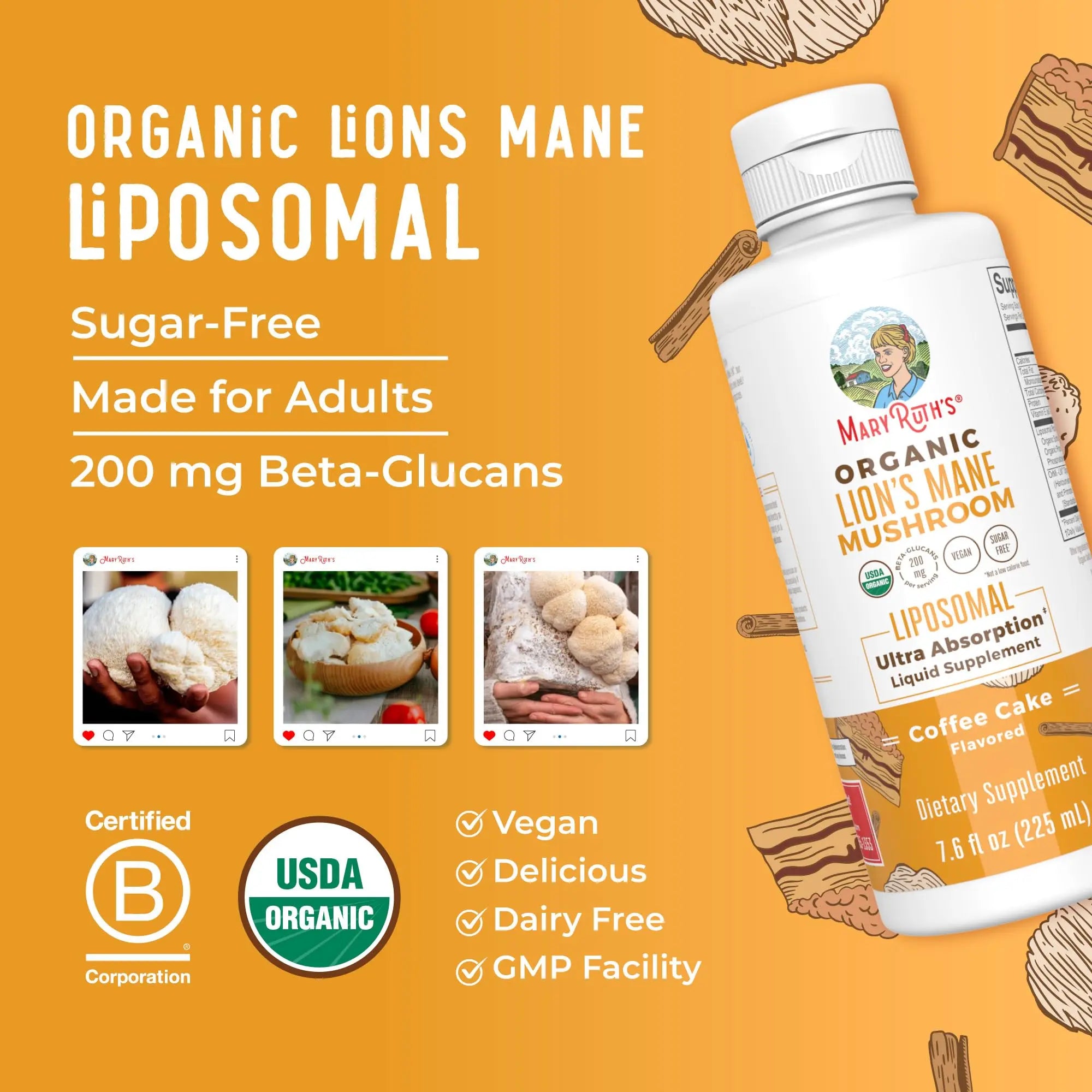 MaryRuth Organics Lions Mane Supplement | Ultra Absorption Liposomal | Full Spectrum Lion's Mane Mushroom | 200mg Beta-Glucans Per Serving | USDA Organic | Vegan | 7.6 oz | 15 Servings MARYRUTH'S Au supplements