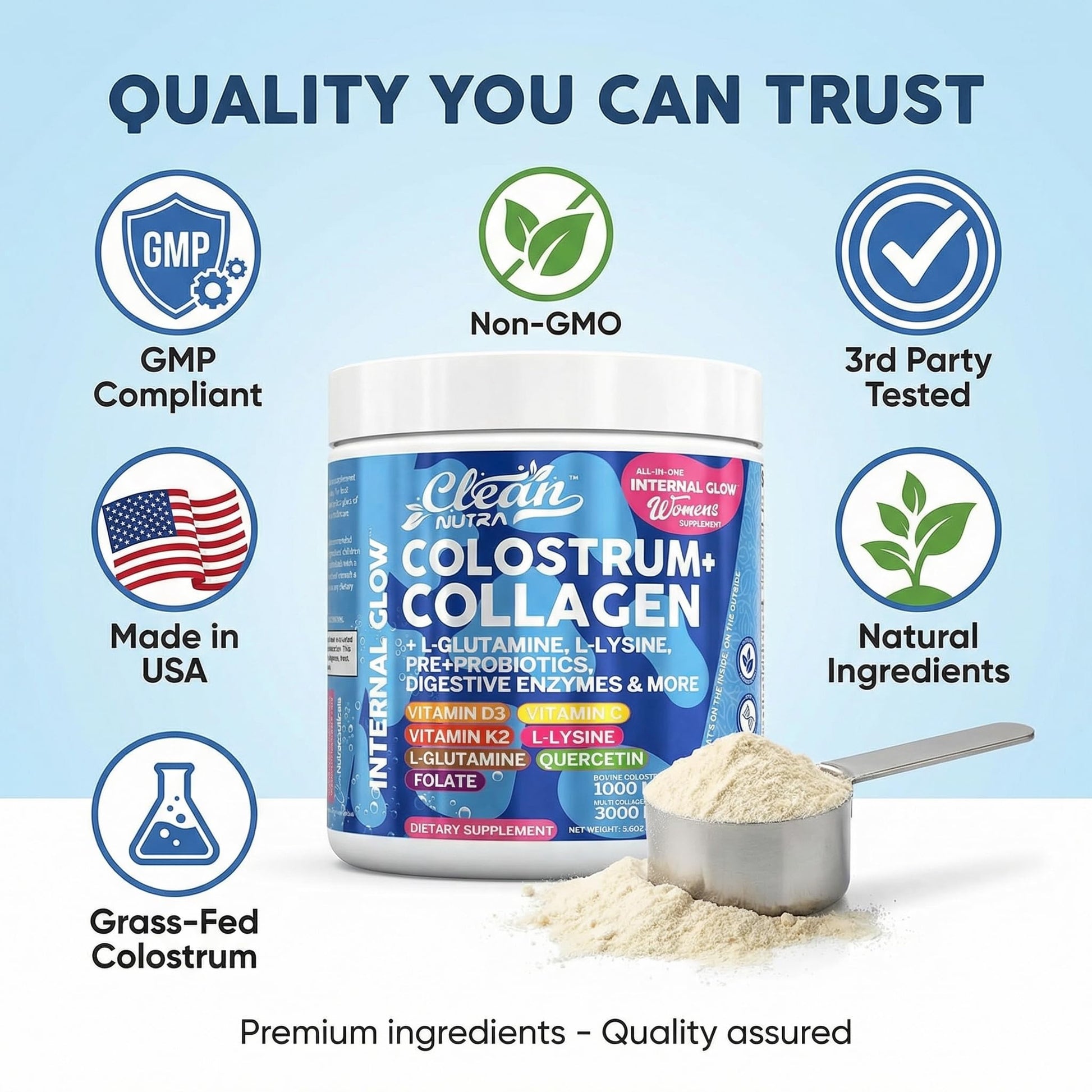 Bovine Colostrum Powder + Collagen Peptides with L-Glutamine L-Lysine Prebiotics Probiotics Digestive Enzymes Vitamin D K2 C Quercetin & Folate | Gut Health Supplement Internal Glow By Clean Nutra Clean Nutraceuticals Au supplements
