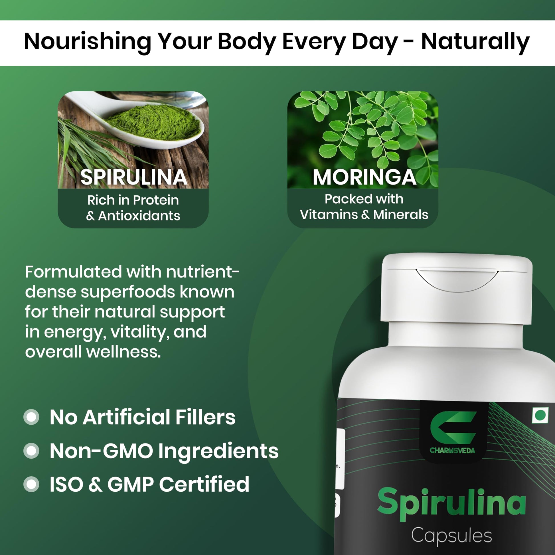 CHARMSVEDA Spirulina Capsules with Moringa – Herbal Immune Support* – 60 Vegan Capsules CHARMSVEDA Au supplements