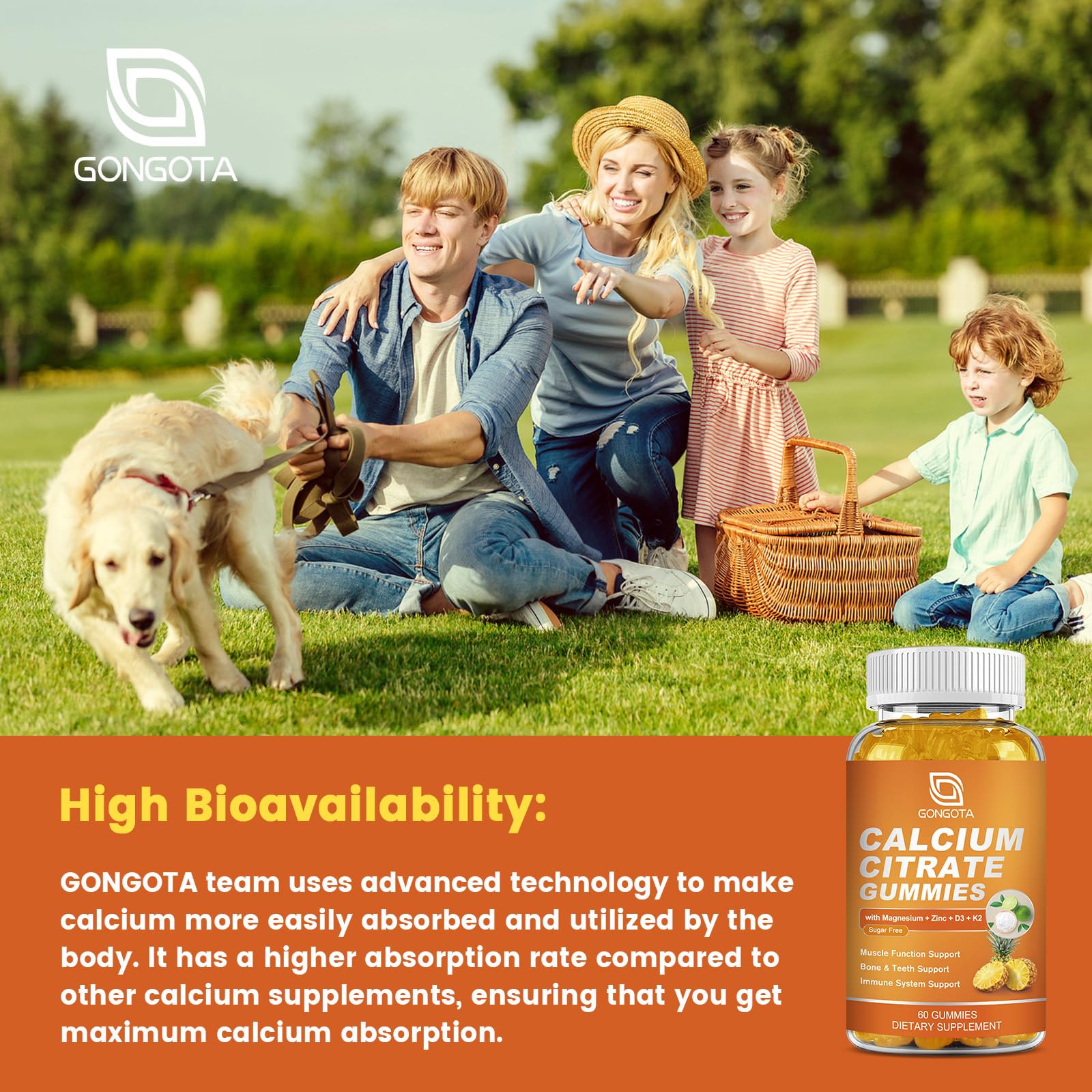 GONGOTA Calcium Citrate 1200mg with Vitamin D3 Gummies, Chewable Calcium for Bone, Muscle, Joints, Immune Support, Calcium Supplements for Women & Men,Sugar Free, Pineapple Flavor - 120 Gummies GONGOTA Au supplements
