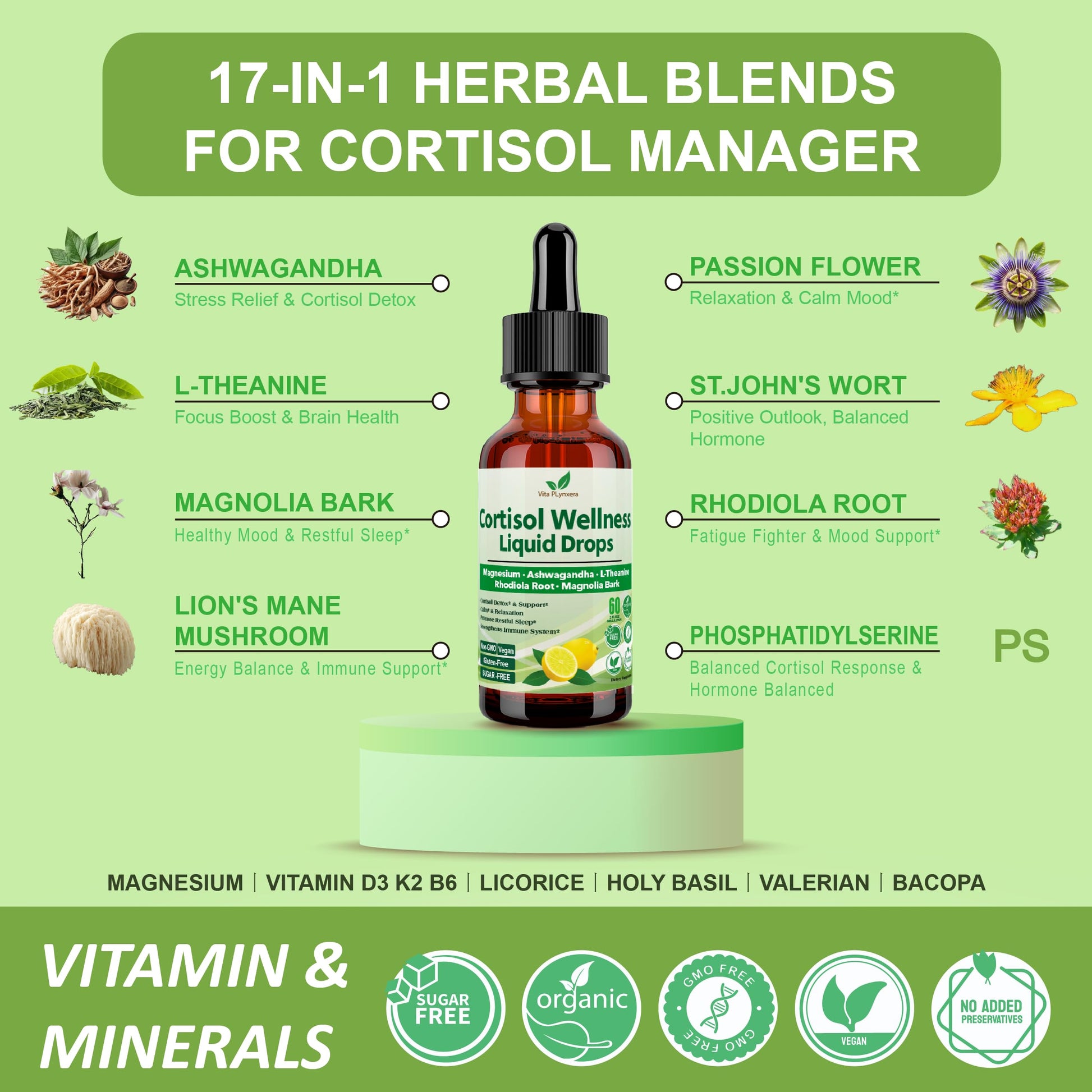 Vita PLynxera Cortisol Supplement Liquid Drops, 17-in-1 Cortisol Detox w. Magnesium Glycinate 400mg Ashwagandha, L-Theanine, Phosphatidylserine, Hormone Balanced for Women, Mood Focus, Sleep Support Vita PLynxera Au supplements
