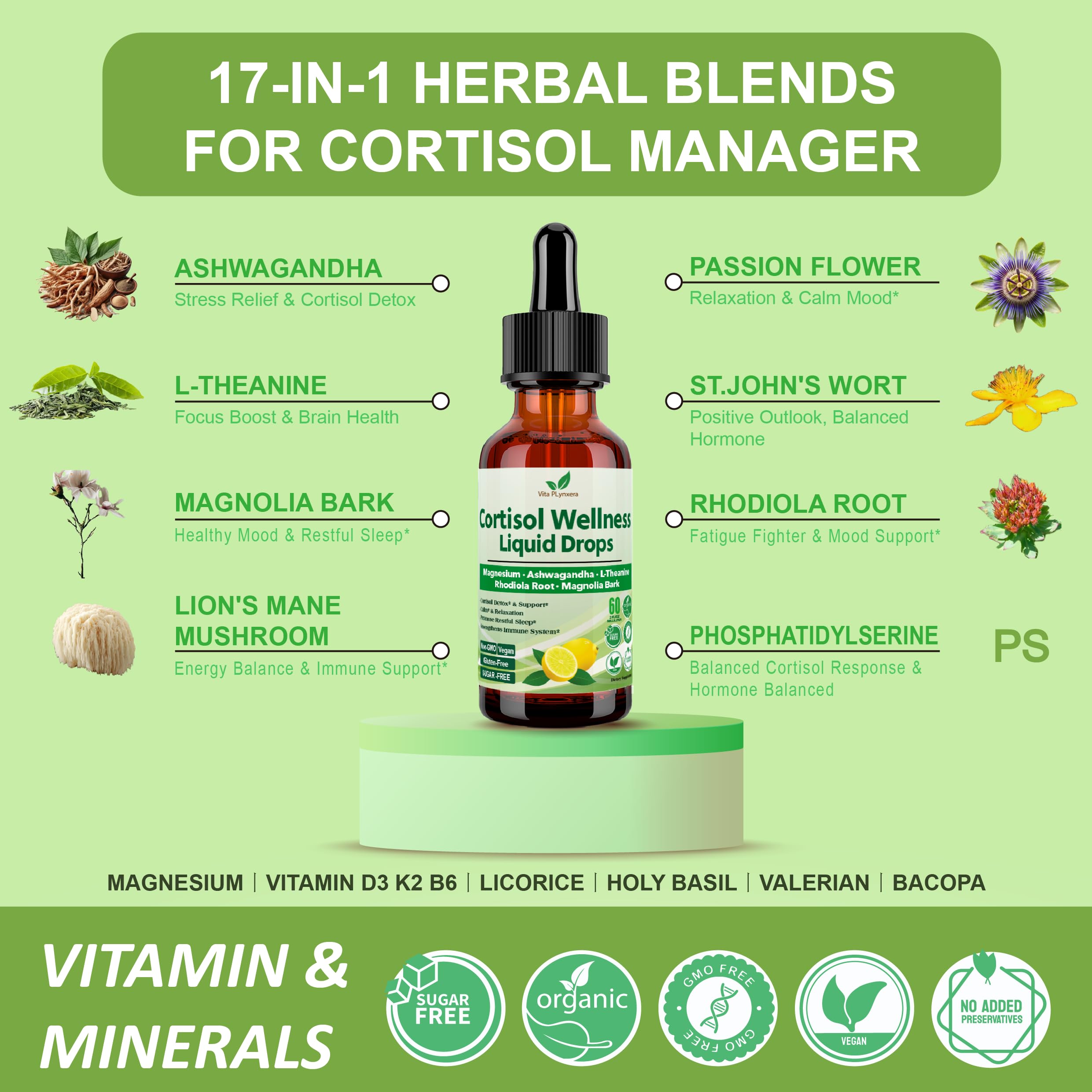 Vita PLynxera Cortisol Supplement Liquid Drops, 17-in-1 Cortisol Detox w. Magnesium Glycinate 400mg Ashwagandha, L-Theanine, Phosphatidylserine, Hormone Balanced for Women, Mood Focus, Sleep Support Vita PLynxera Au supplements