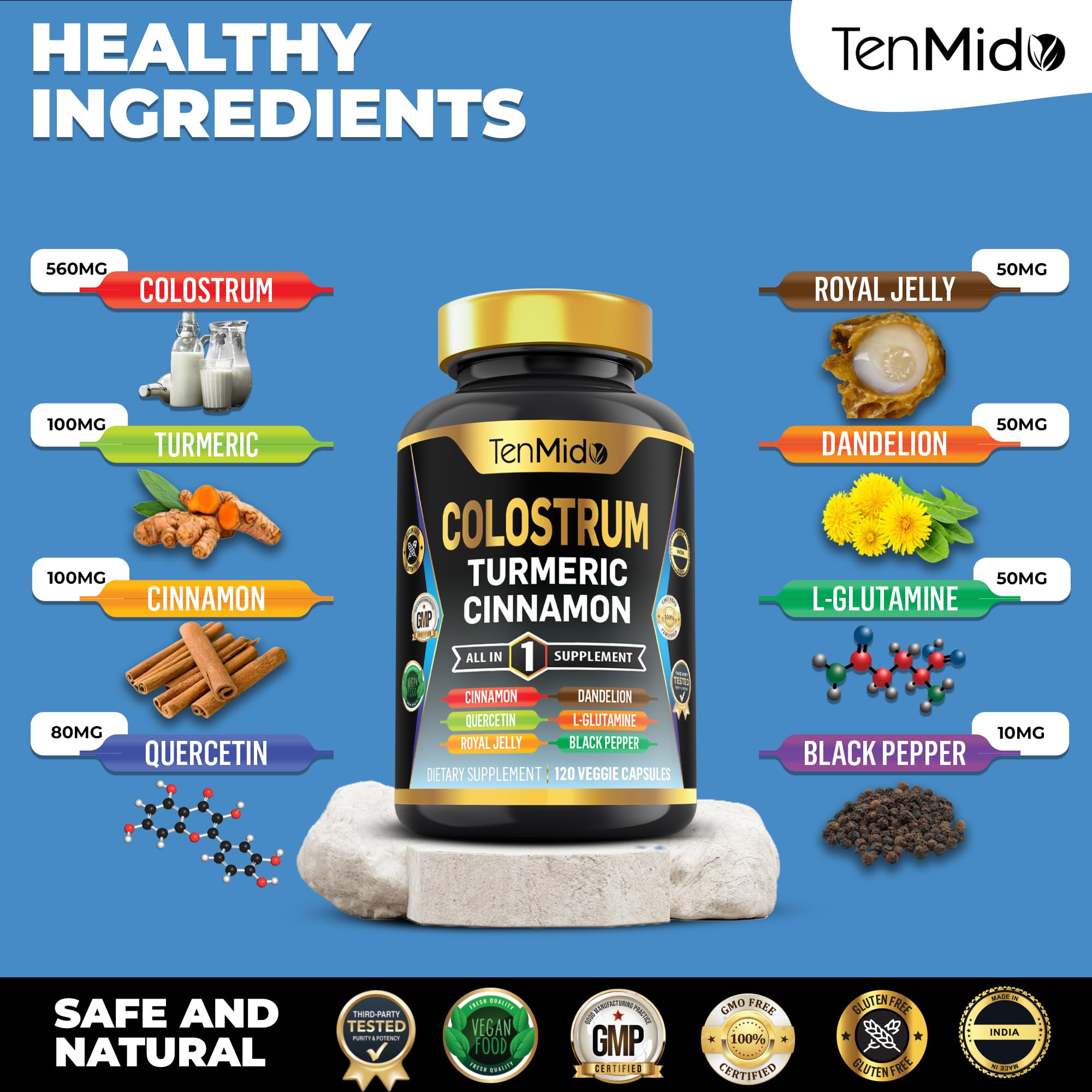 Tenmido Colostrum Supplement - 8in1 Formula - Combine with Turmeric, Ceylon Cinnamon, Quercetin, Royal Jelly, Dandelion, L- Glutamine, and Black Pepper - Digestive Health Support - 120 Capsules Tenmido Au supplements