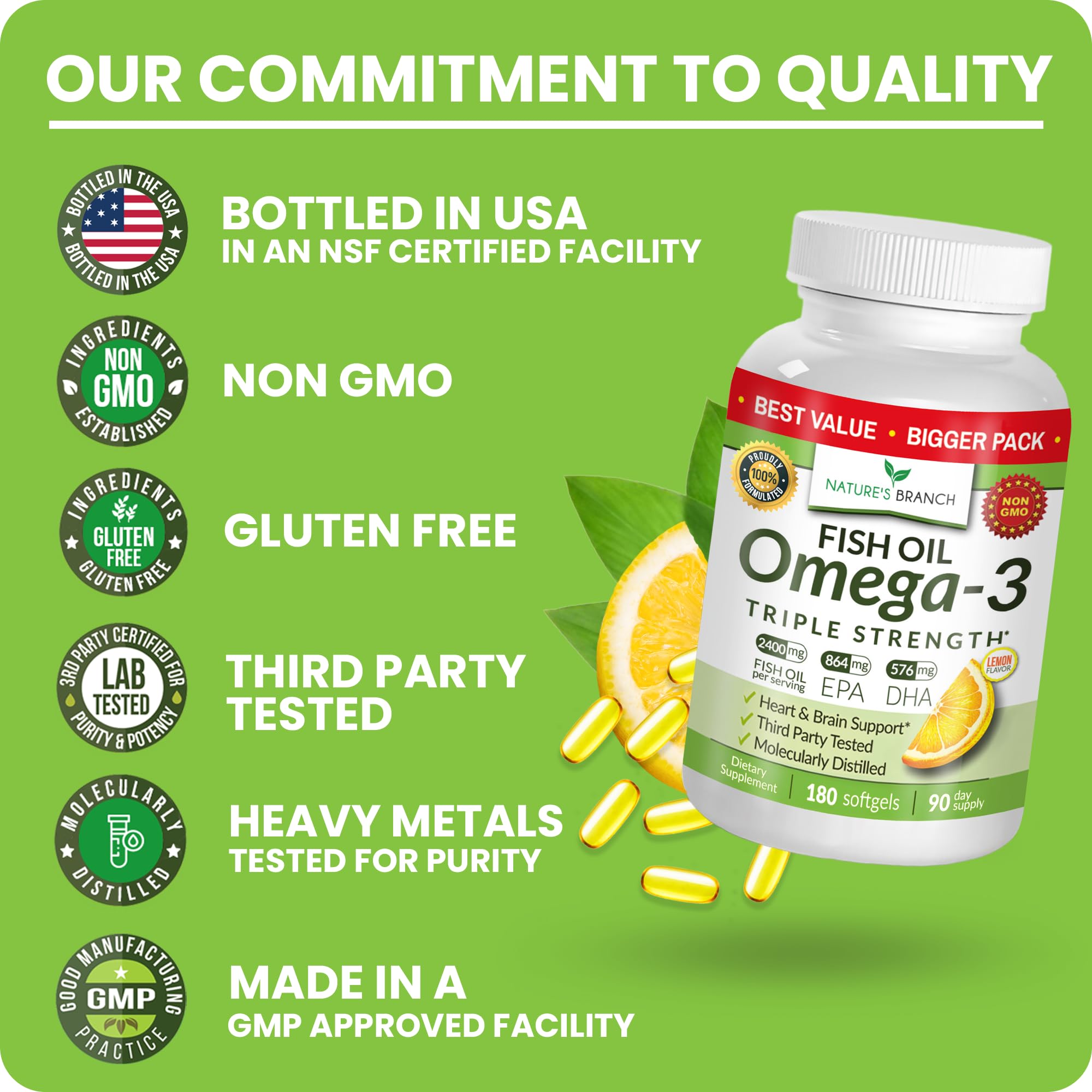 Triple Strength Omega 3 Fish Oil Supplements 2400mg | 180 Capsules, Burpless High Potency Lemon Flavor, High EPA DHA for Men & Women Ultra Pure Softgels | Joint Support, Eyes, Heart Brain Health Pills NATURE'S BRANCH Au supplements