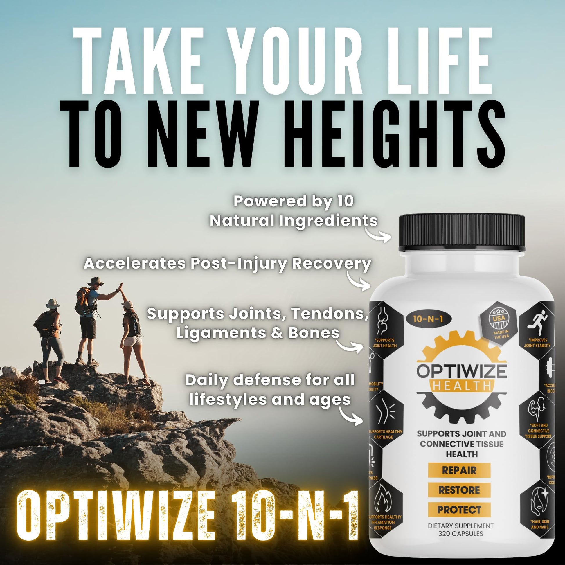 OptiWize 10-N-1 Joint Support Hydrolyzed Collagen,MSM, Hyaluronic Acid, Glucosamine,Chondroitin & More- Targets Joint Discomfort, Improves Mobility & Flexibility 320 Caps for Men & Women Made in USA OptiWize Au supplements