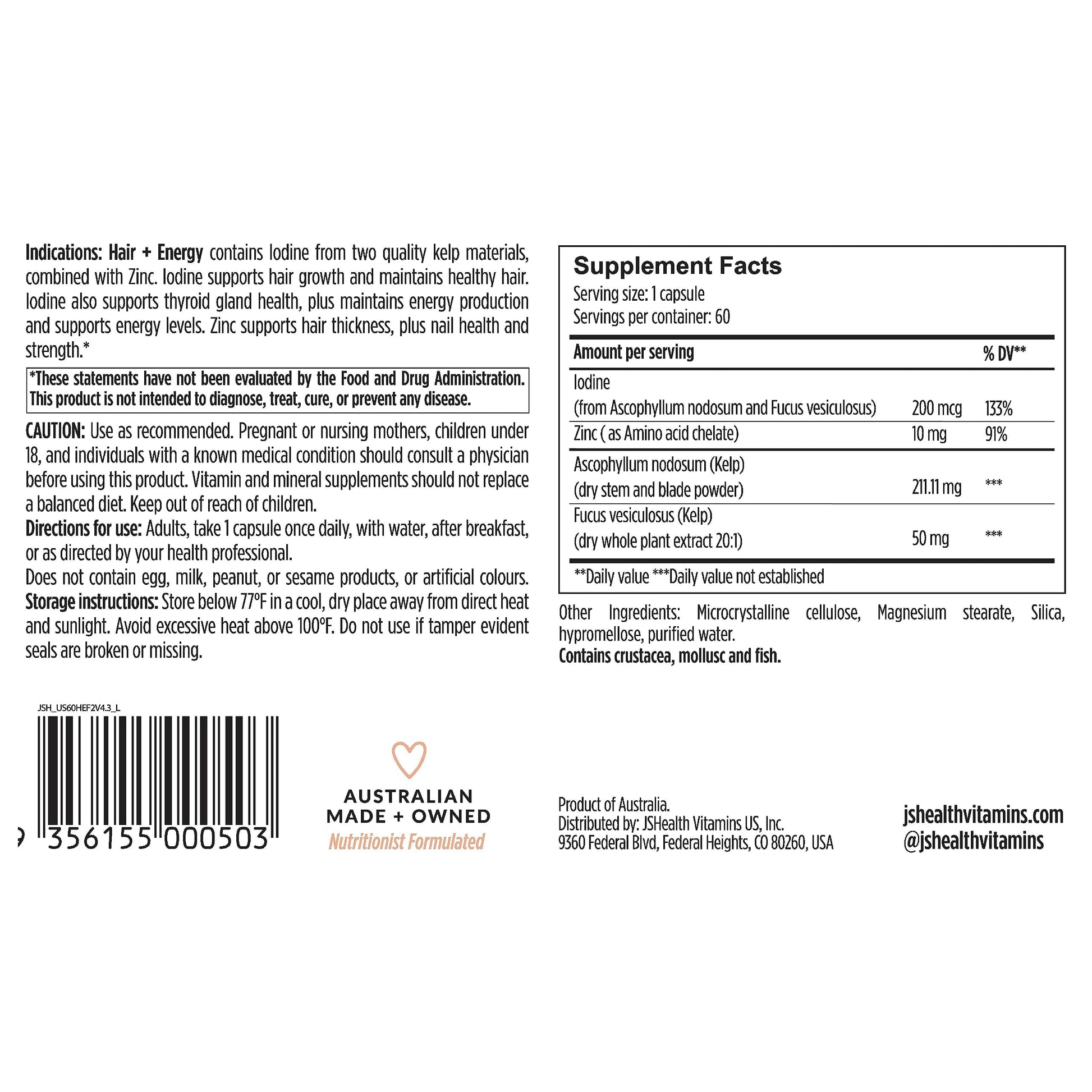 JSHealth Hair Growth Vitamins for Women. Hair + Energy with Kelp Iodine and Zinc. Supports Thickness, Strength, Energy. Nutritionist-Formulated (60 Capsules) JSHealth Au supplements