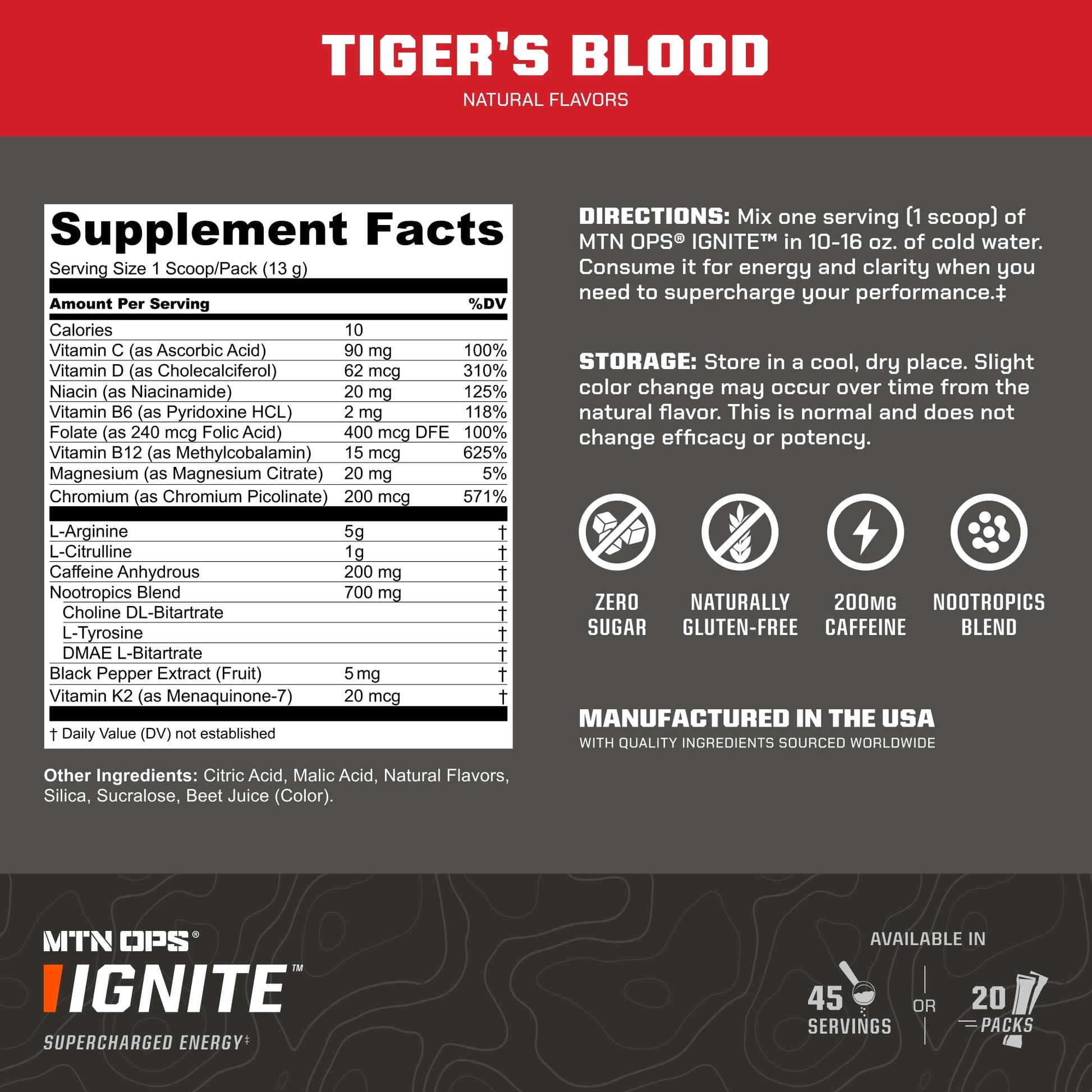 MTN OPS Ignite Trail Packs Energy Drink Powder, Gluten Free Nootropic Supplement Drink Mix, L Arginine, L Citrulline, Caffeine & Nootropic Sugar Free Drink Mix, 20 Servings, Tiger's Blood MTN OPS Au supplements