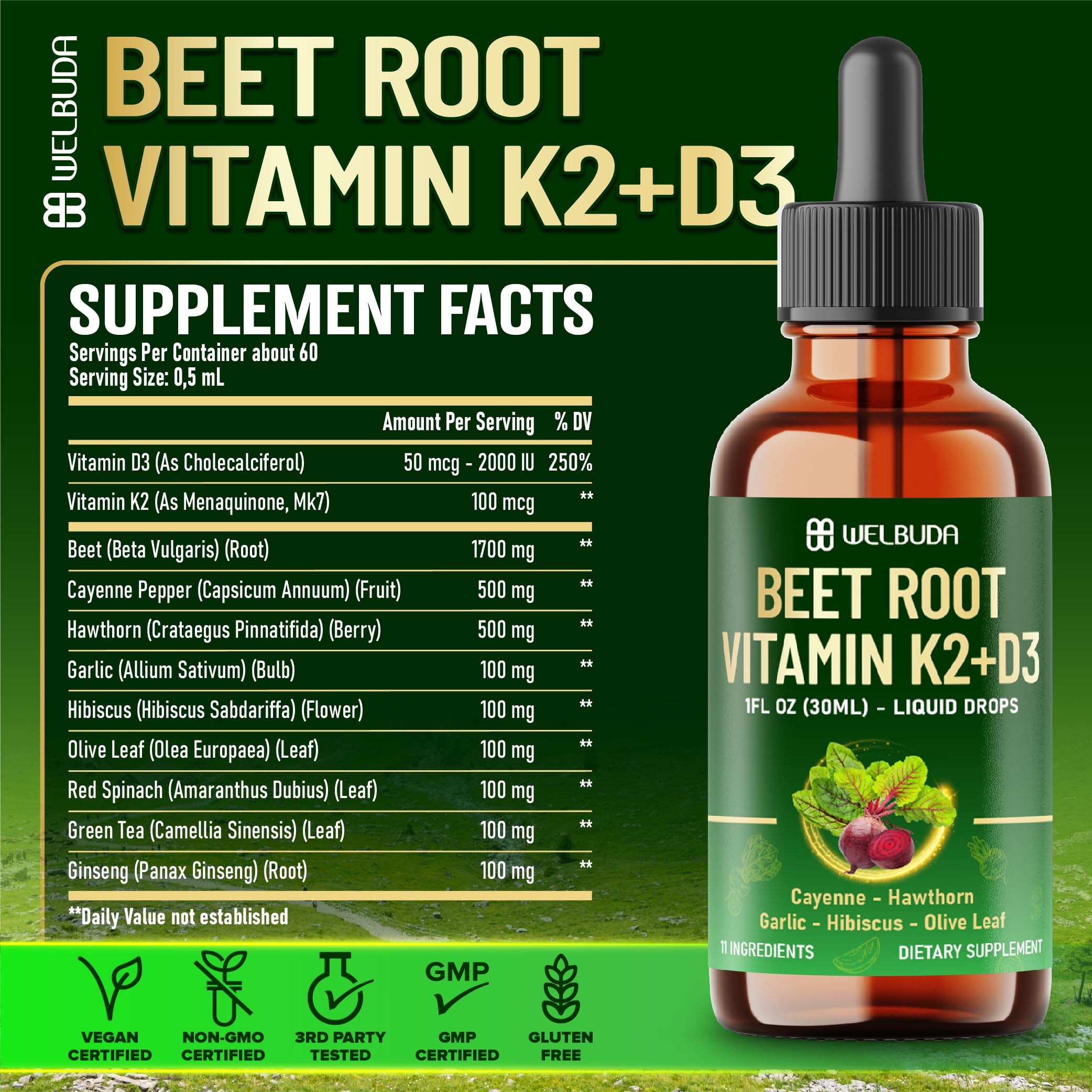 11in1 Beet Root Liquid Supplement - for Support Immune, Energy - with Vitamin D3, Vitamin K2, Hawthorn Berry, Cayenne Pepper, Garlic, Hibiscus, Olive, Red Spinach, Green Tea - 1 FL Oz - 30 Servings WELBUDA Au supplements