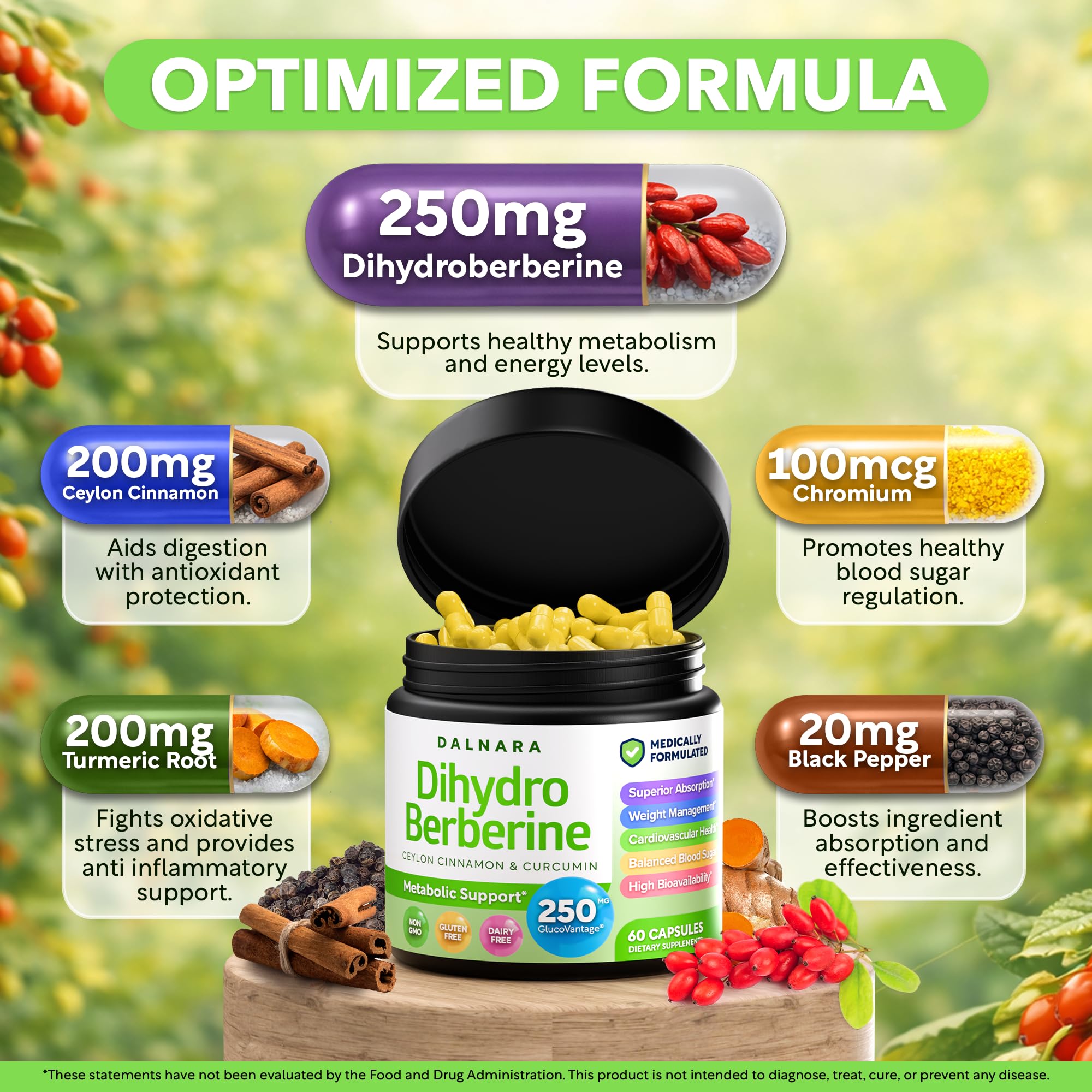 Dalnara Dihydroberberine Capsules 250mg, 60 Count - Supports Metabolic Wellness & Balanced Energy, Non-GMO,Dihydroberberine Supplement Dalnara Au supplements