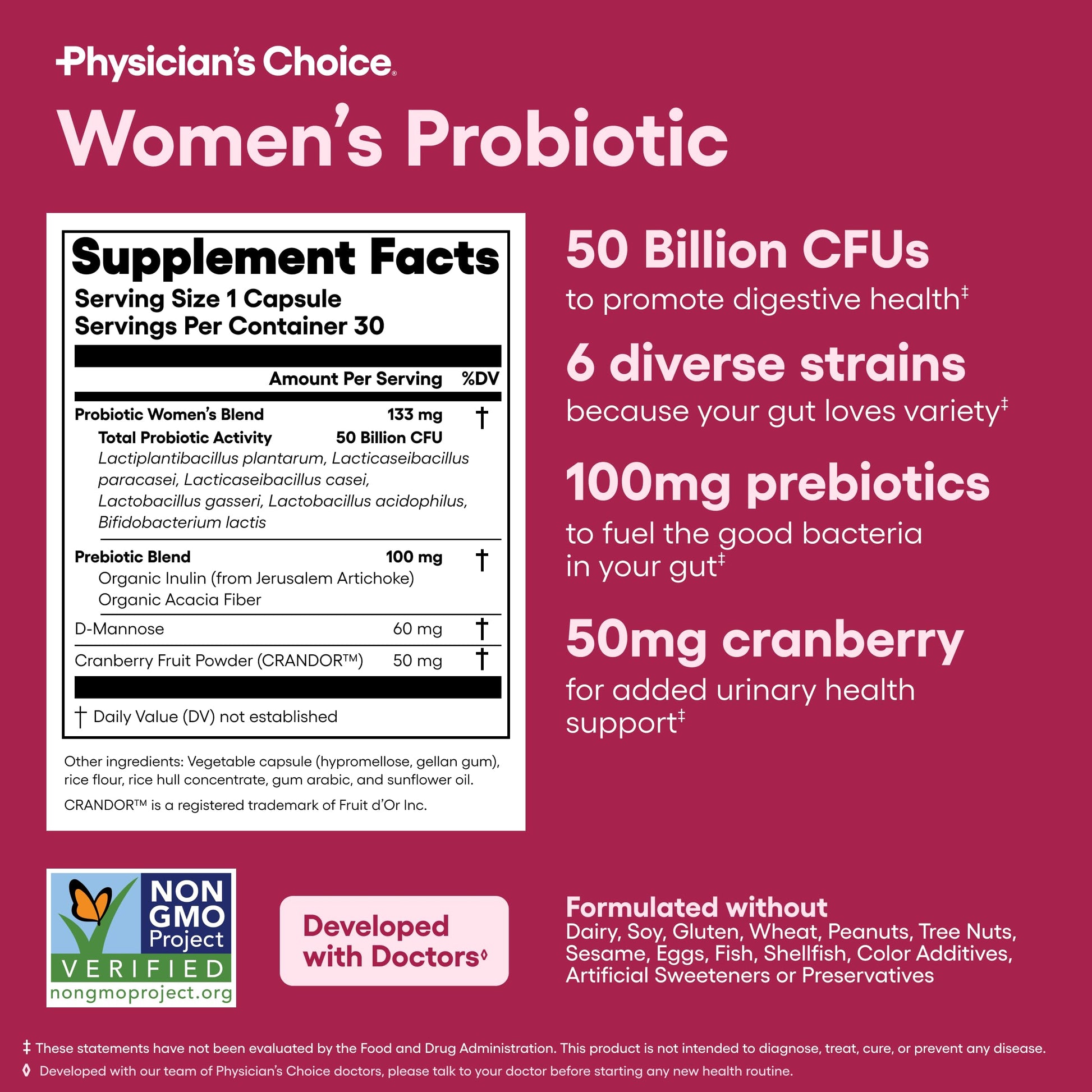Physician's CHOICE Probiotics for Women - PH Balance, Digestive, UT, & Feminine Health - 50 Billion CFU - 6 Unique Strains for Her - Organic Prebiotics, Cranberry Extract+ - Women Probiotic - 30 CT Physician's CHOICE Au supplements