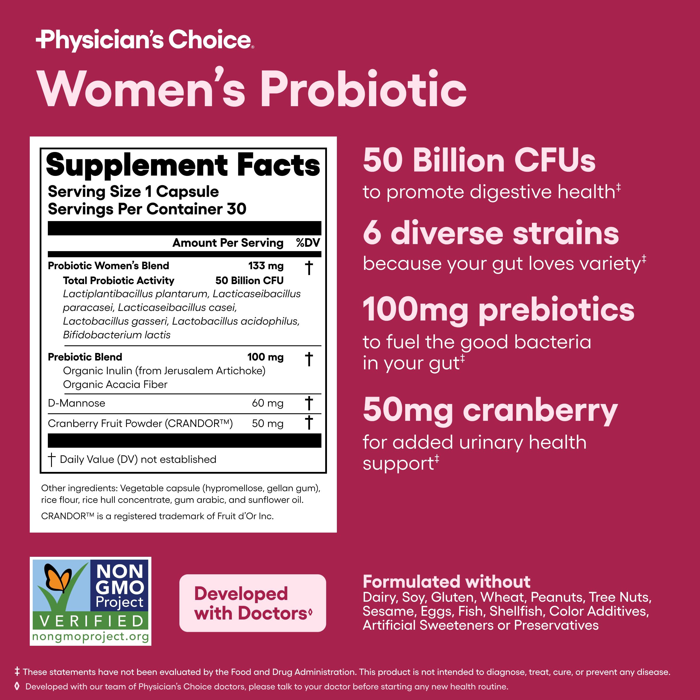 Physician's CHOICE Probiotics for Women - PH Balance, Digestive, UT, & Feminine Health - 50 Billion CFU - 6 Unique Strains for Her - Organic Prebiotics, Cranberry Extract+ - Women Probiotic - 30 CT Physician's CHOICE Au supplements