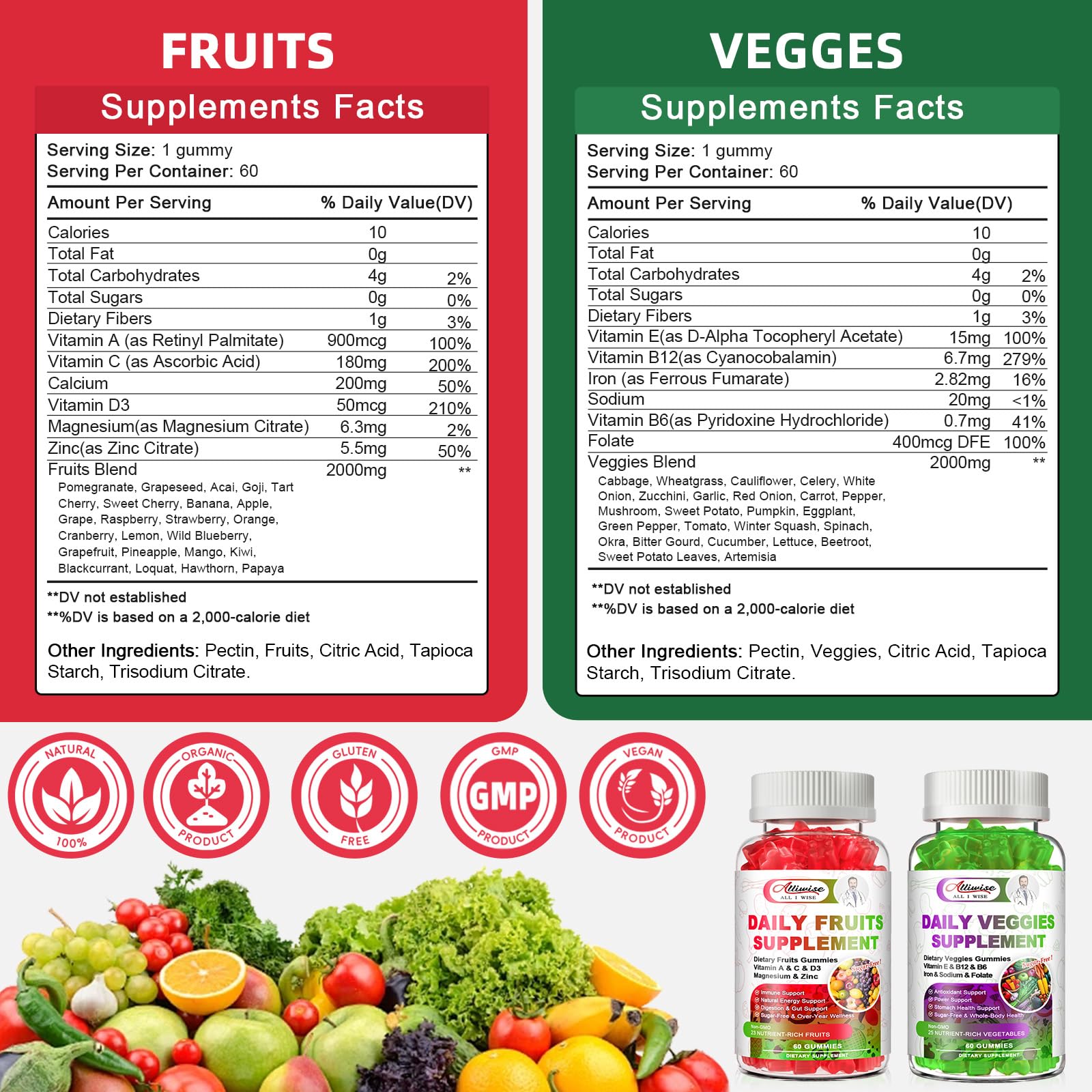Sugar-Free Fruits & Veggies Gummies, Super Greens with 23 Fruits & 25 Veggies, Multivitamin Minerals & Fiber, Vegan Fruit & Vegetable Supplement for Adults, 120 Gummies, 2 Month Supply Alliwise Au supplements