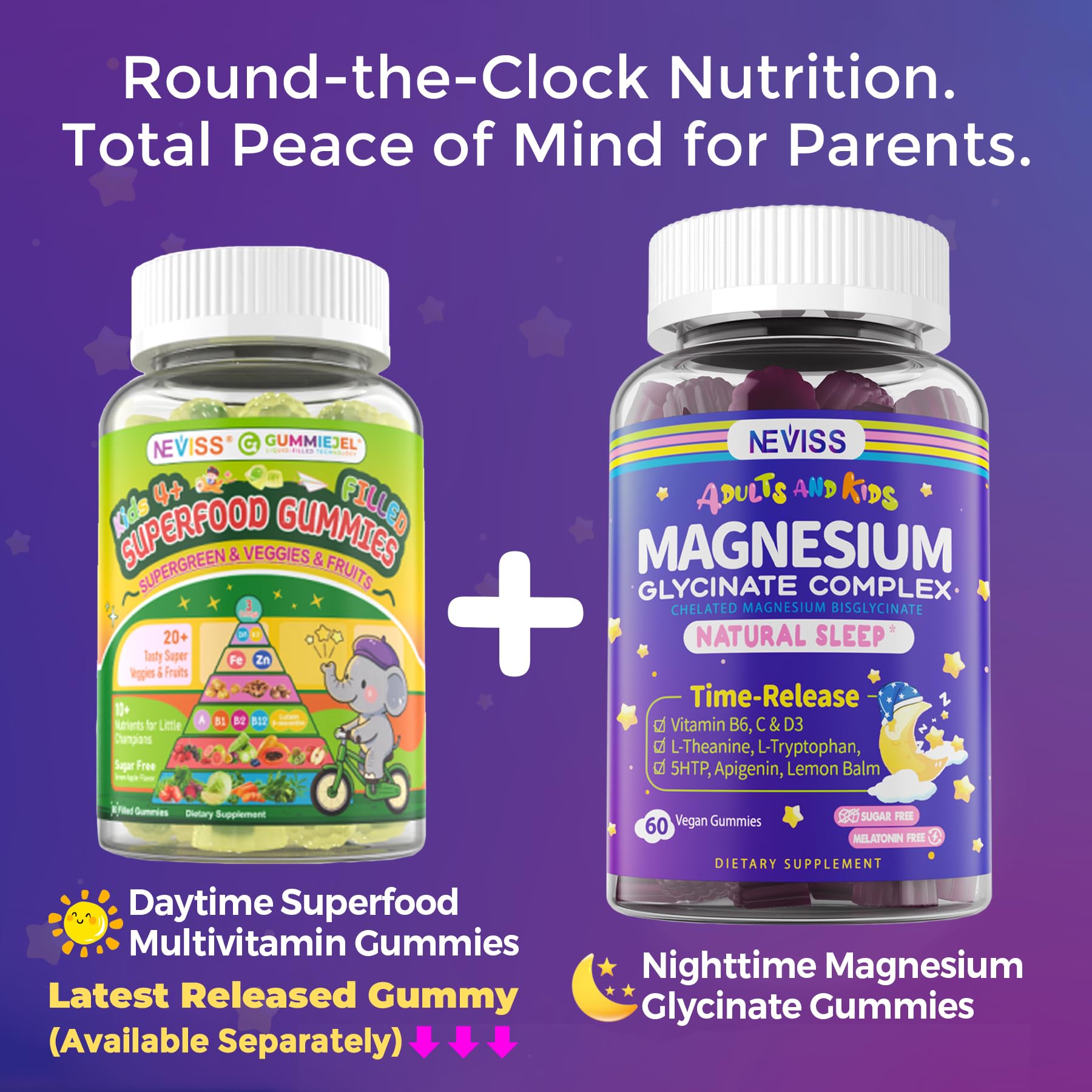 Magnesium Glycinate Gummies for Adults & Kids 4+, Sugar Free Magnesium Bisglycinate Supplement 400/200mg with B6D3, 5HTP, L-Theanine for Sleep & Relaxation, Brain, Muscle, Melatonin Free Gummies,2Pack NEVISS Au supplements