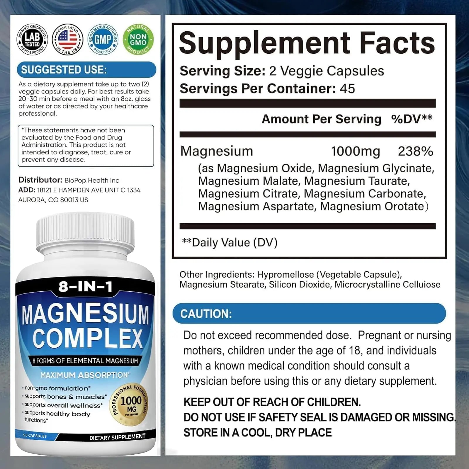 Magnesium Complex Supplement 8 Elemental 1000mg with Glycinate,Citrate for Muscle, Recovery, Stress, Energy, Bone Health, Vegan Non-GMO 180 Capsules, Magnesium Supplement for Women, Men, 2 Bottle caicieter Au supplements