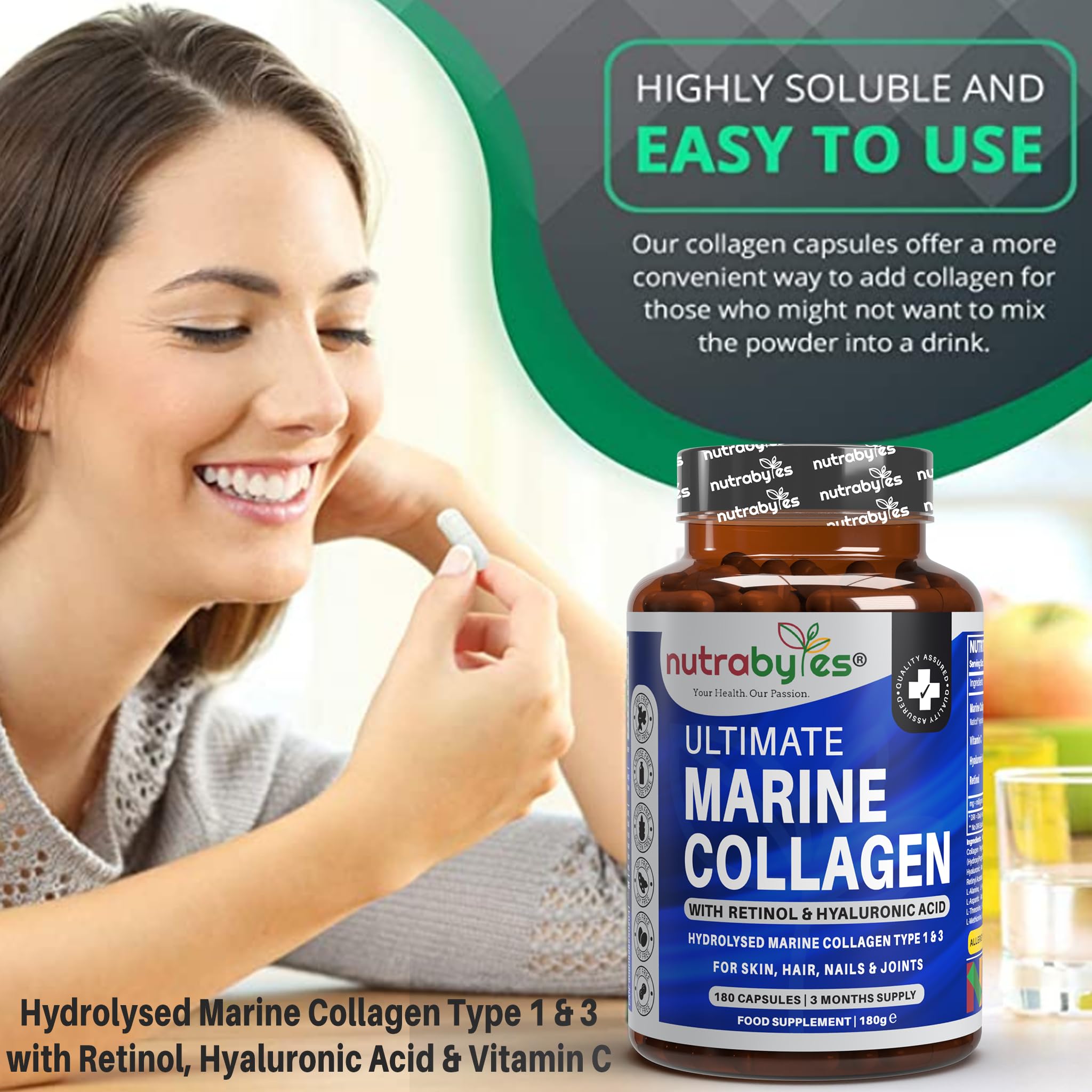 High Strength Marine Collagen with Hyaluronic Acid, Retinol and Vitamin C | 180 Capsules - 3 Months Supply NUTRABYTES Au supplements