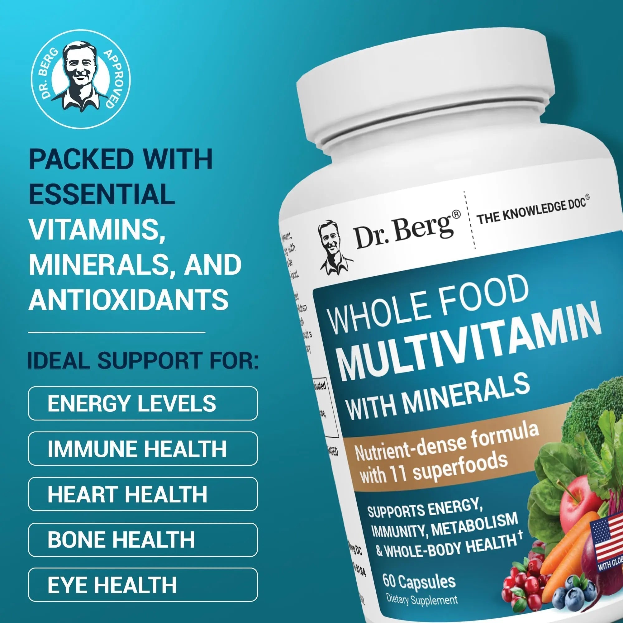 Dr. Berg Whole Food Multivitamin with Minerals - Daily Multivitamin for Men and Women - Includes Premium Whole Food Fruits and Vegetable Blend Dr. Berg Nutritionals Au supplements