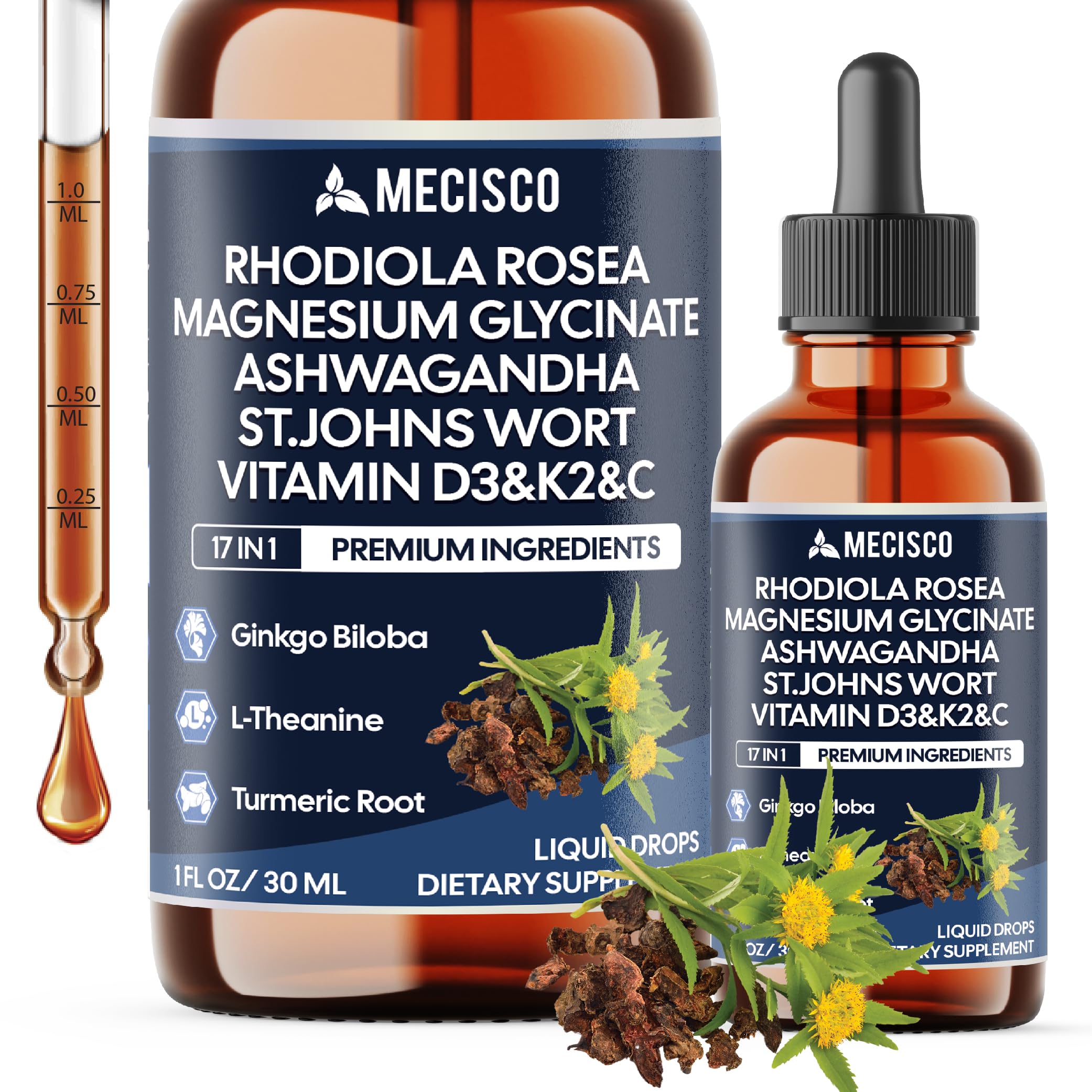 17in1 Rhodiola Rosea Liquid Drops with blend Ashwagandha Magnesium, L-Theanine. Ultra Strength Rhodiola Cortisol Supplement, Rhodiola Root for Support Relaxation, Mood, Energy - 1 FL Oz - 60 Day Mecisco Au supplements