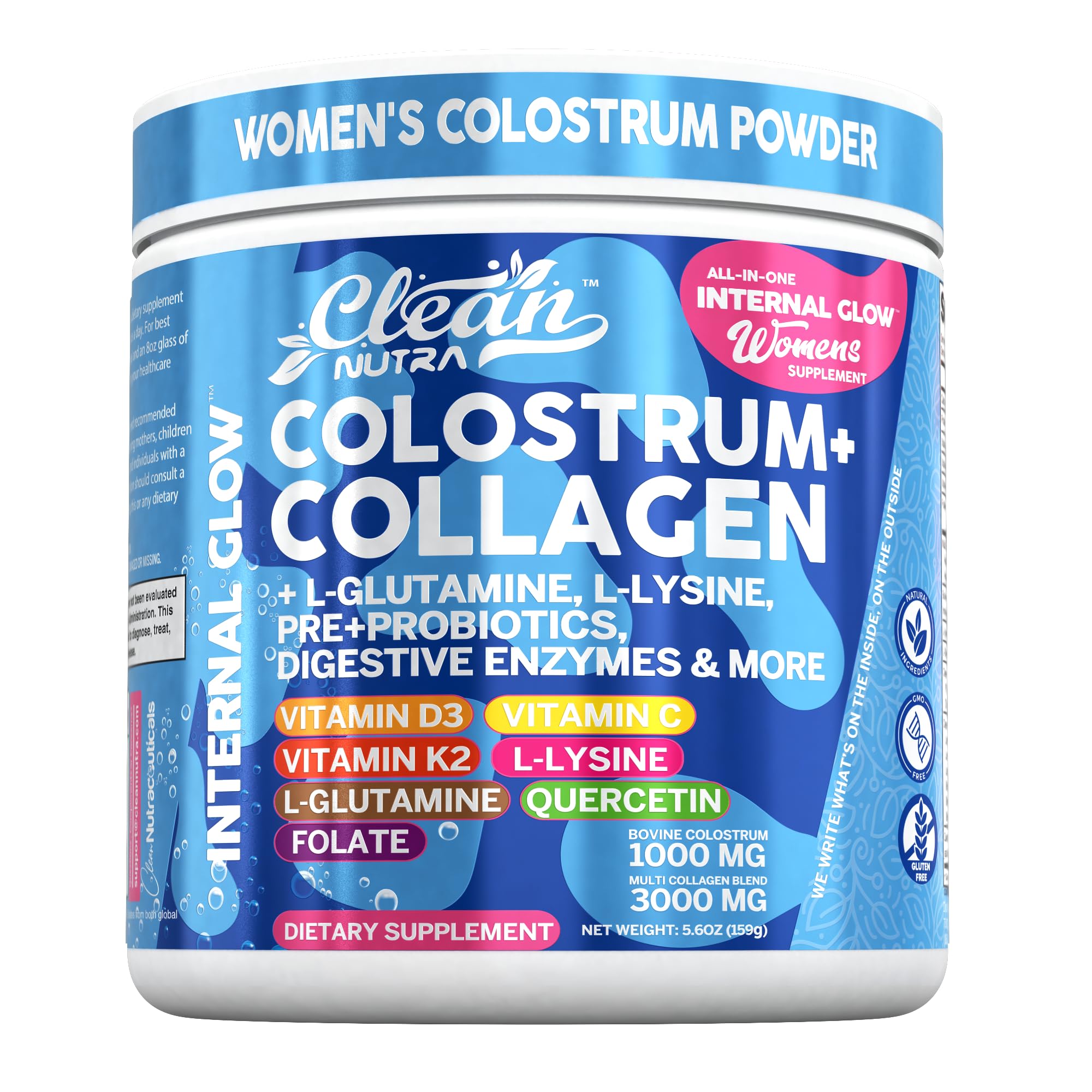 Bovine Colostrum Powder + Collagen Peptides with L-Glutamine L-Lysine Prebiotics Probiotics Digestive Enzymes Vitamin D K2 C Quercetin & Folate | Gut Health Supplement Internal Glow By Clean Nutra Clean Nutraceuticals Au supplements