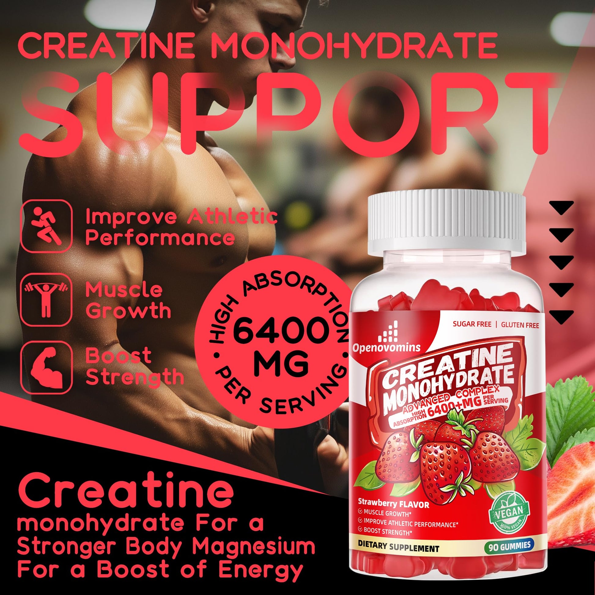 Creatine Monohydrate Gummies Complex for Men & Women -Advanced Formula W/L-Taurine + Vitamin B12, Sugar Free Chewable Supplement,90 Strawberry Gummies Openovomins Au supplements