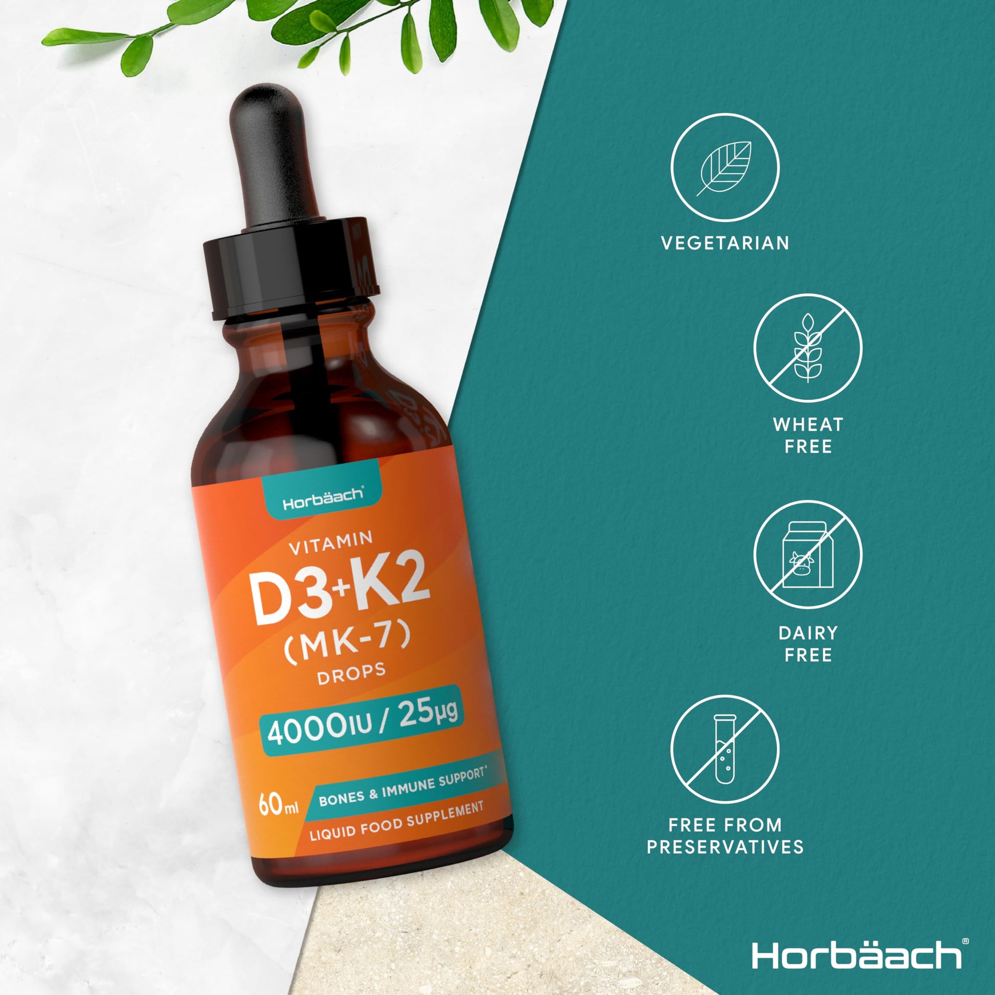 Vitamin D3 K2 Drops | 60mL | High Strength Vitamin D3 4000iu and K2 25ug | No Artificial Horbäach Au supplements