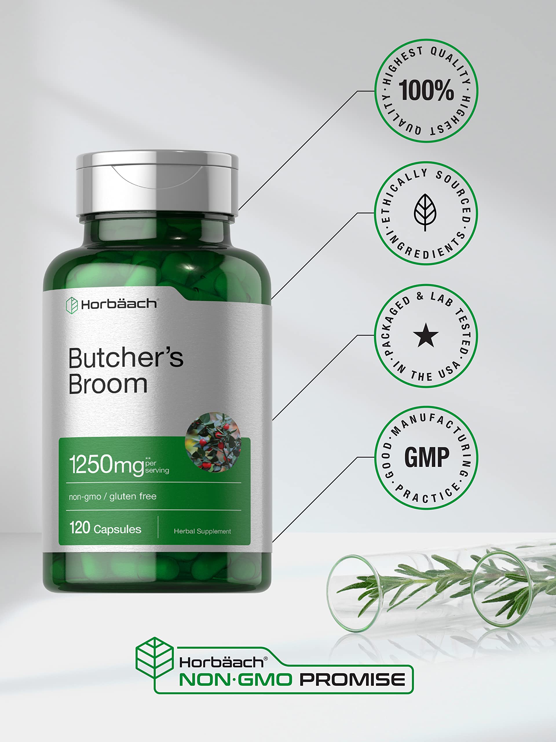 Butchers Broom Capsules 1250mg | 120 Count | Non-GMO, Gluten Free | Traditional Herb Horbäach Au supplements