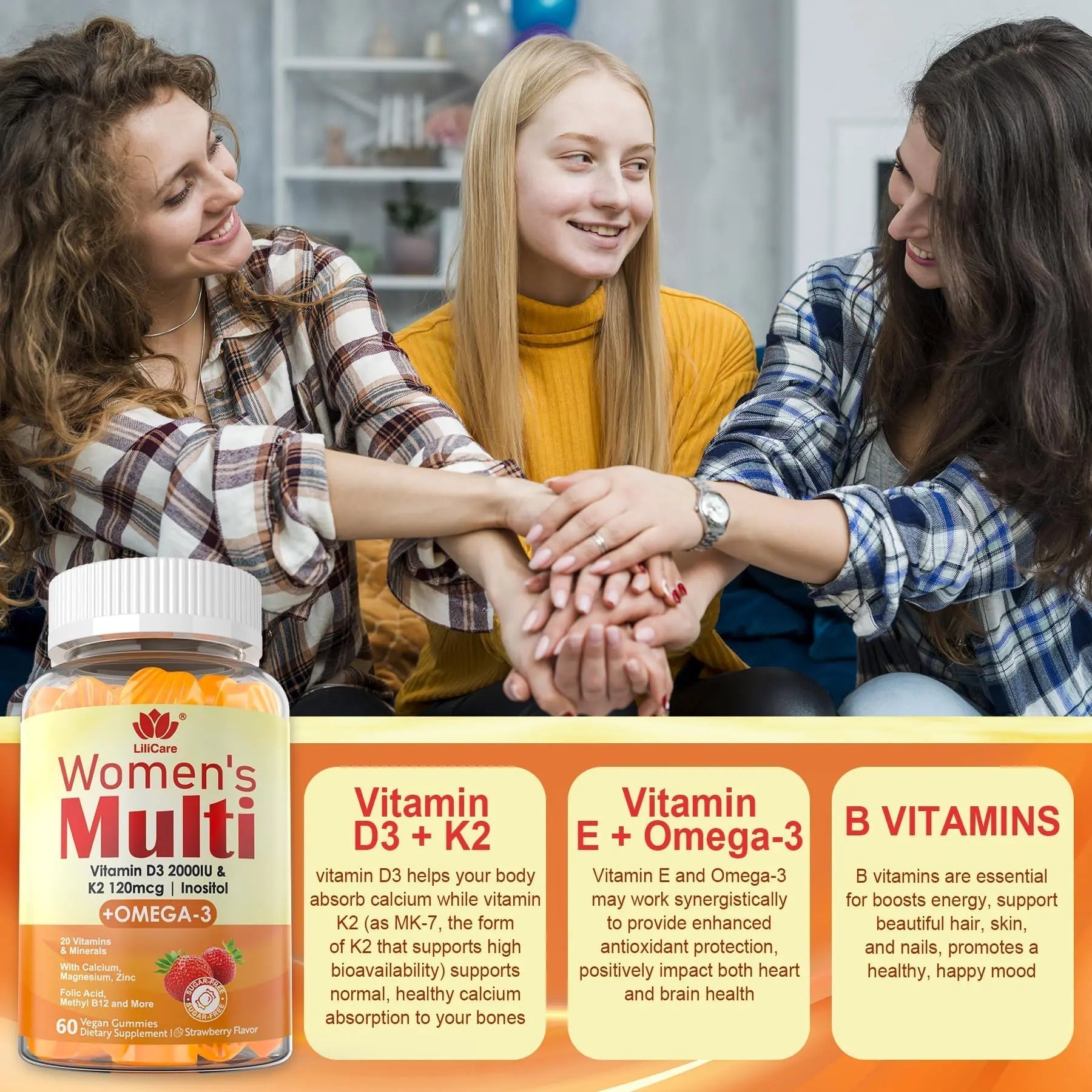 Womens Multivitamin Gummy with Omega 3（DHA/EPA), Vitamin D3 K2, Calcium, Inositol, Daily Womens Vitamin A C E B Complex LILICARE Au supplements