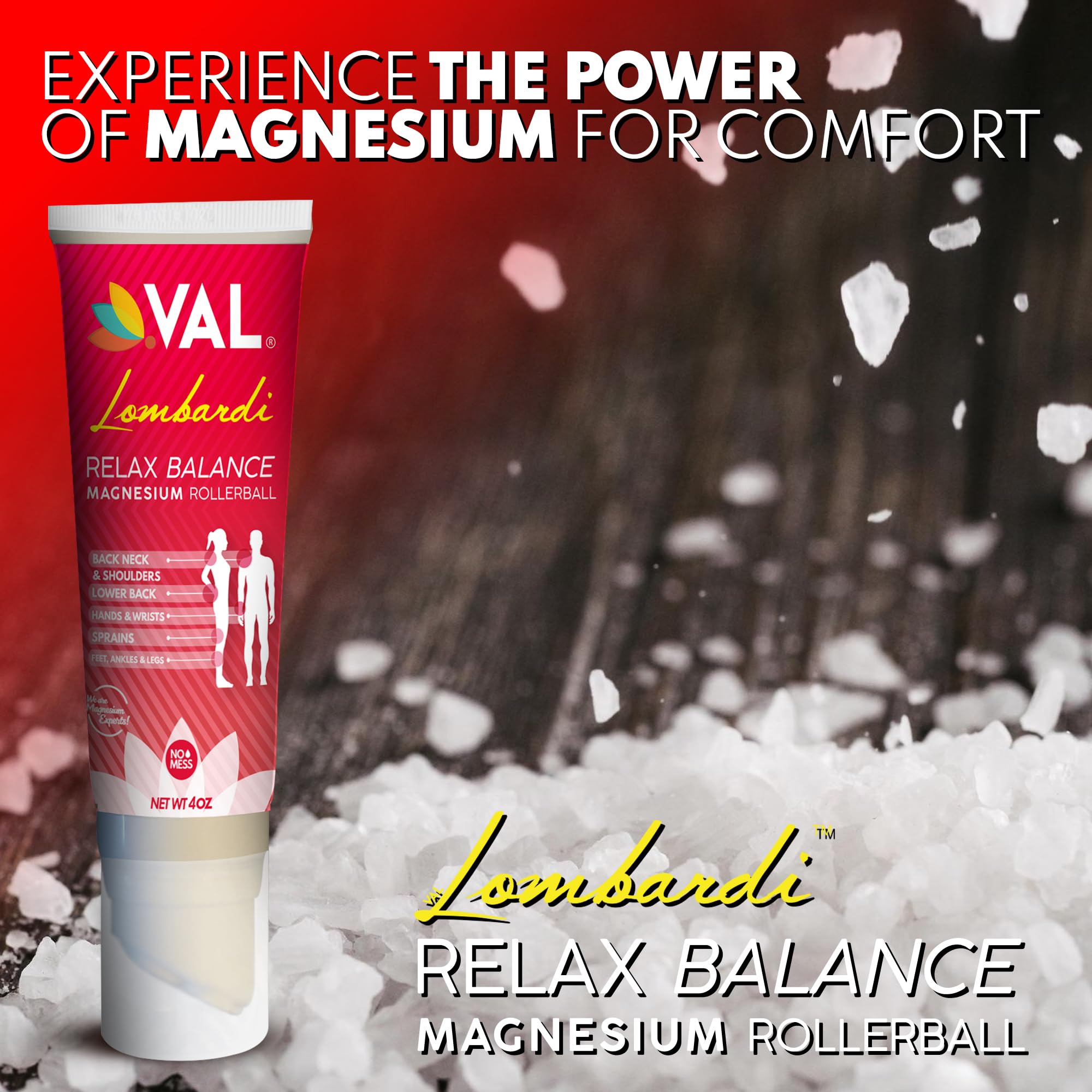 VAL Lombardi Relax Balance Magnesium Rollerball | Zechstein Magnesium + Herbal Extracts | Joint & Muscle Relief for Neck, Back, Legs | No Mess, Non-Greasy | 4oz VAL Au supplements