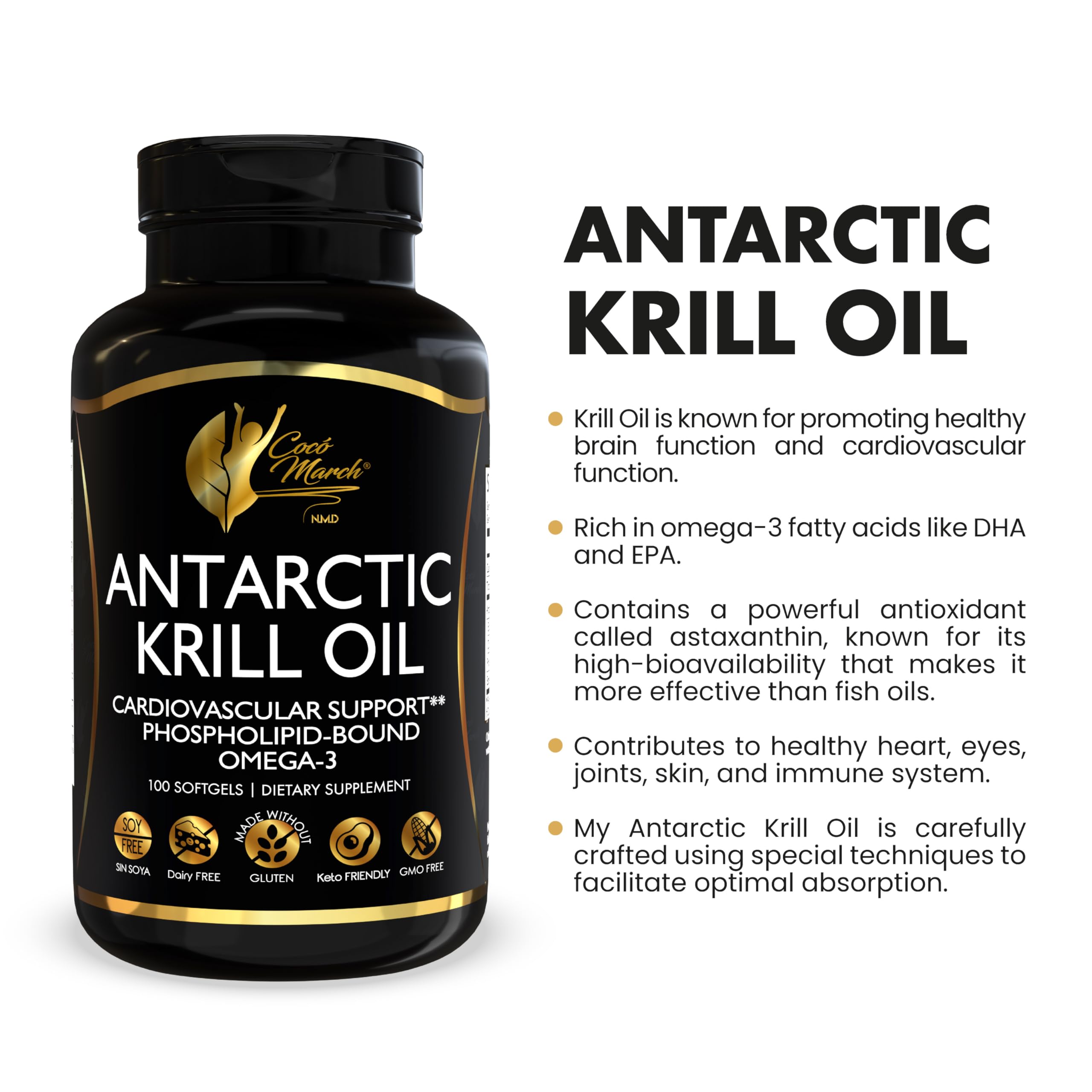 Cocó March N.M.D Pure Antarctic Krill Oil 1000mg – Omega 3 Fish Oil Supplement with EPA, DHA, Choline & Astaxanthin – Fast Absorption, Immune, Heart & Joint Support for Men & Women – 100 Softgels Cocó March N.M.D Au supplements