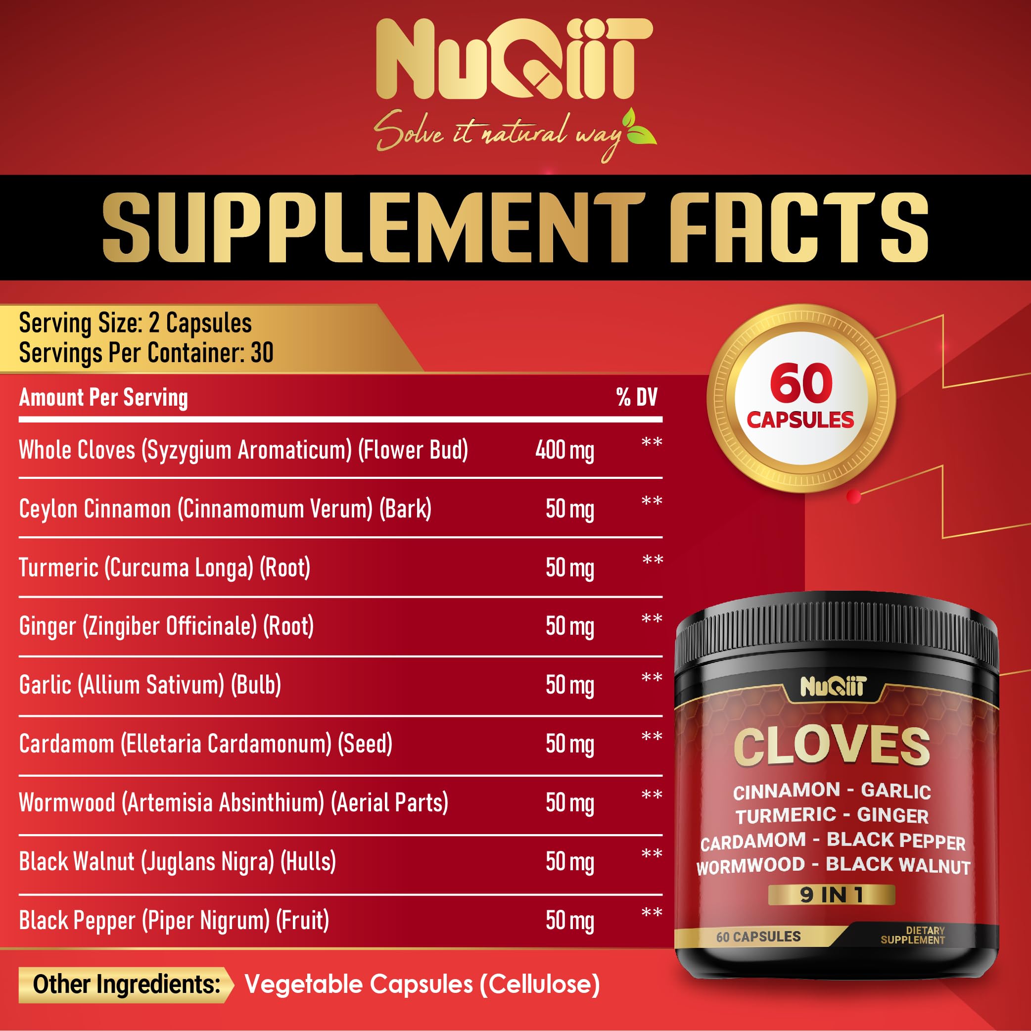 9in1 Clove Supplement Rich in Vitamins & Minerals for Digestive, Immune System, Bone & Heart Health with Cinnamon, Turmeric, Ginger, Cardamom, Garlic, Wormwood, Black Walnut - 60 Capsules - 30 Days NUQIIT Au supplements
