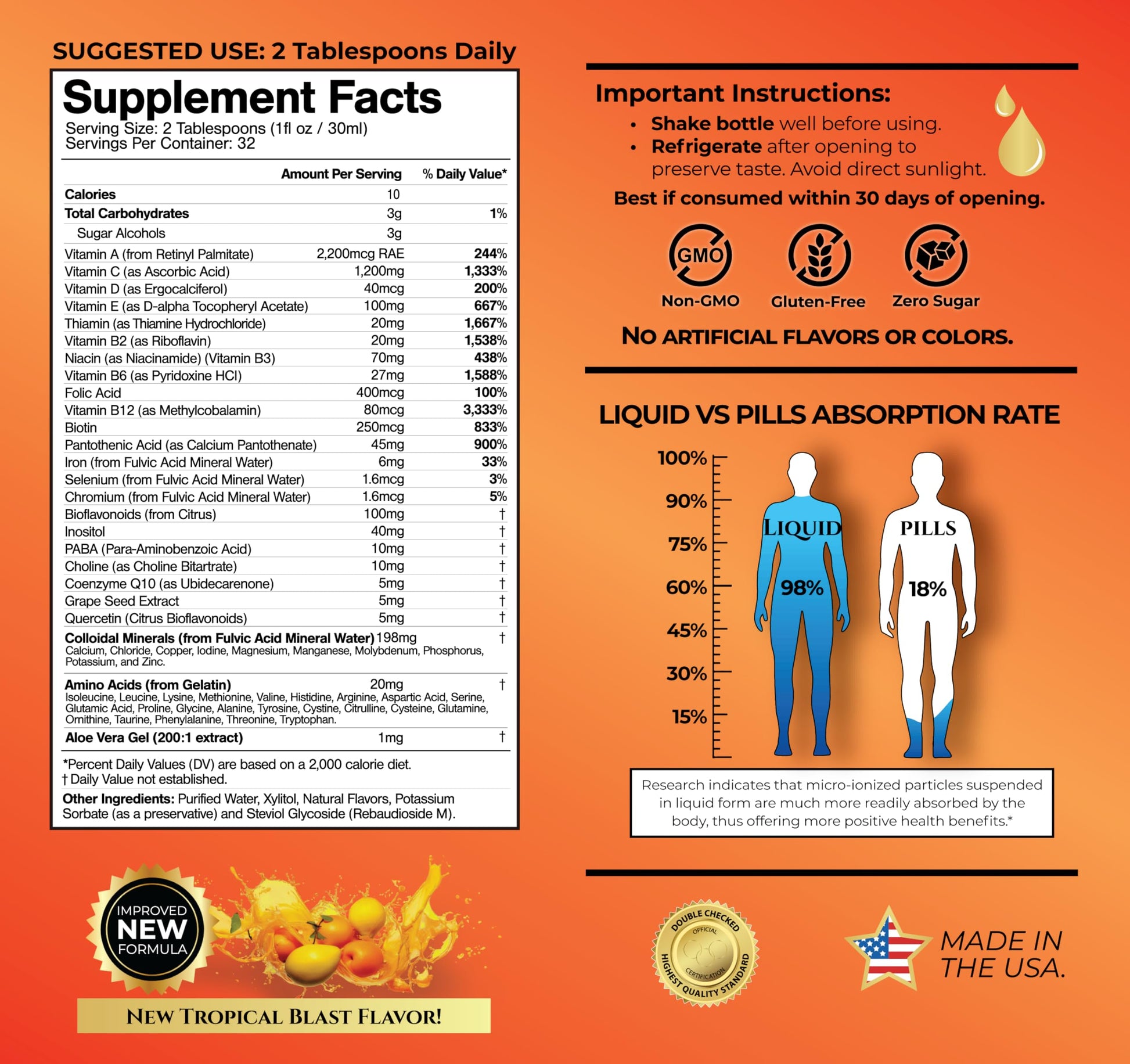 Mega Premium Liquid Multivitamin | Natural Immune Support Vitamin w/ 1333% Vitamin C, 200% D3, Zinc + 20 Vitamins, 70 Minerals, & 21 Amino Acids | Sugar Free | Orange Flavor | 98% Absorption | 32 Serv Tropical Oasis Au supplements
