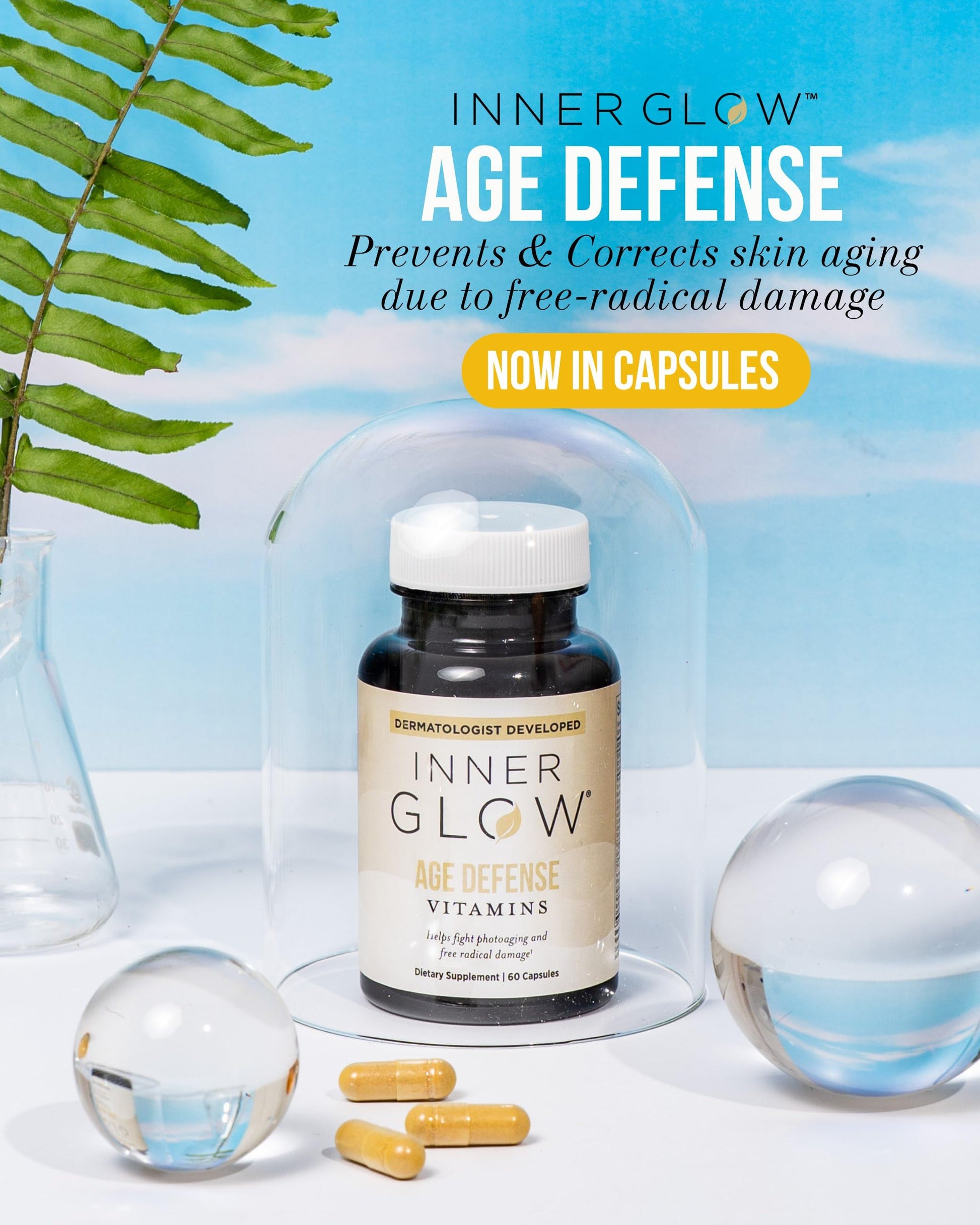Inner Glow Age Defense Vitamins - Dermatologist and Plastic Surgeon Developed to Fight photoaging and Melasma, Polypodium Leucotomos Antioxidant Formula – Vegan, Gluten-Free – 60 Capsules Inner Glow Au supplements