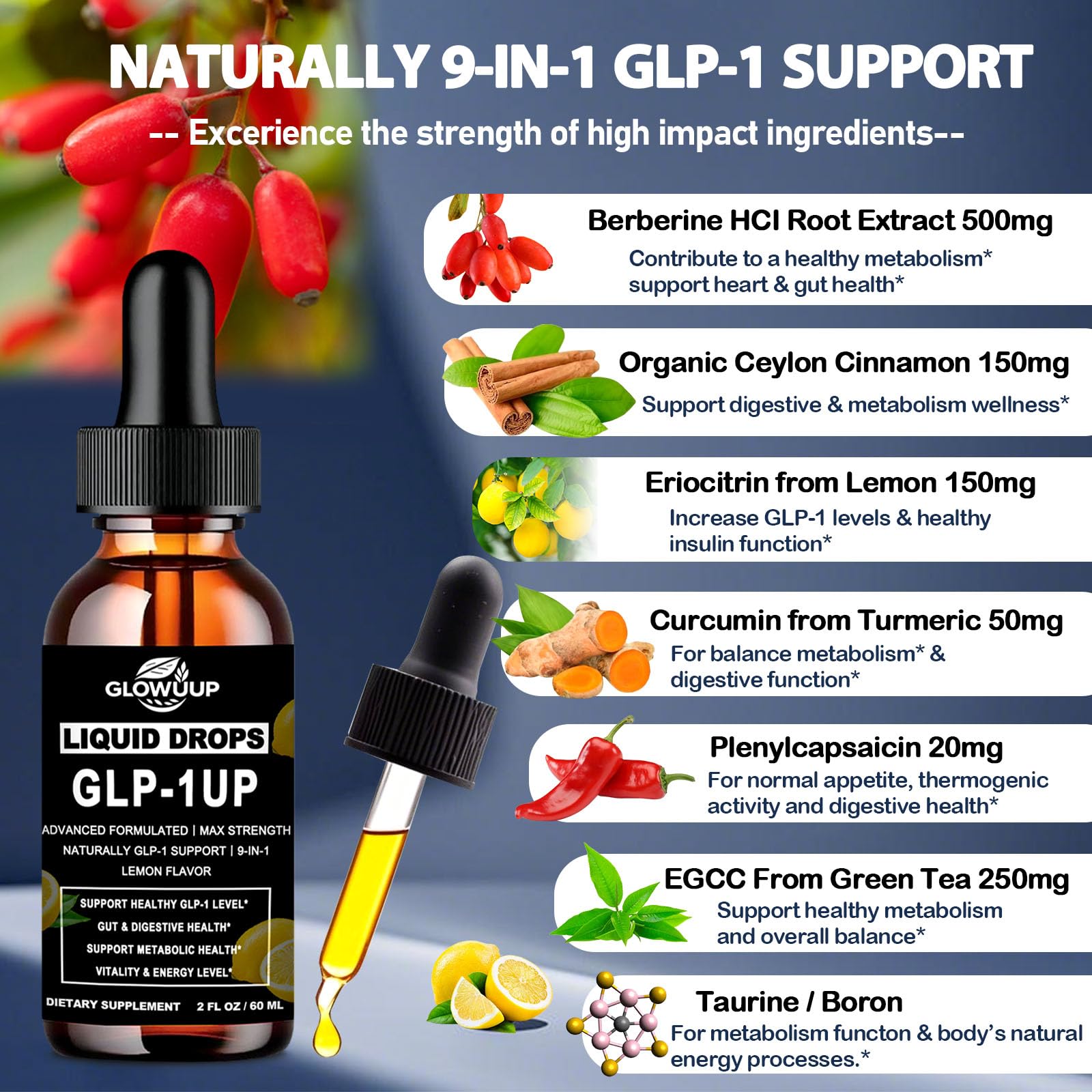 GLP-1 Supplement for Women & Men, 9-in-1 Naturally GLP-1 Support w. Berberine HCI Cyelon Cinnamon Green Tea Eriocitrin, GLP1 for Gut Digestion Metabolic, GLP-1 Drops 6X Stronger Than Capsules GLOVVUUP Au supplements