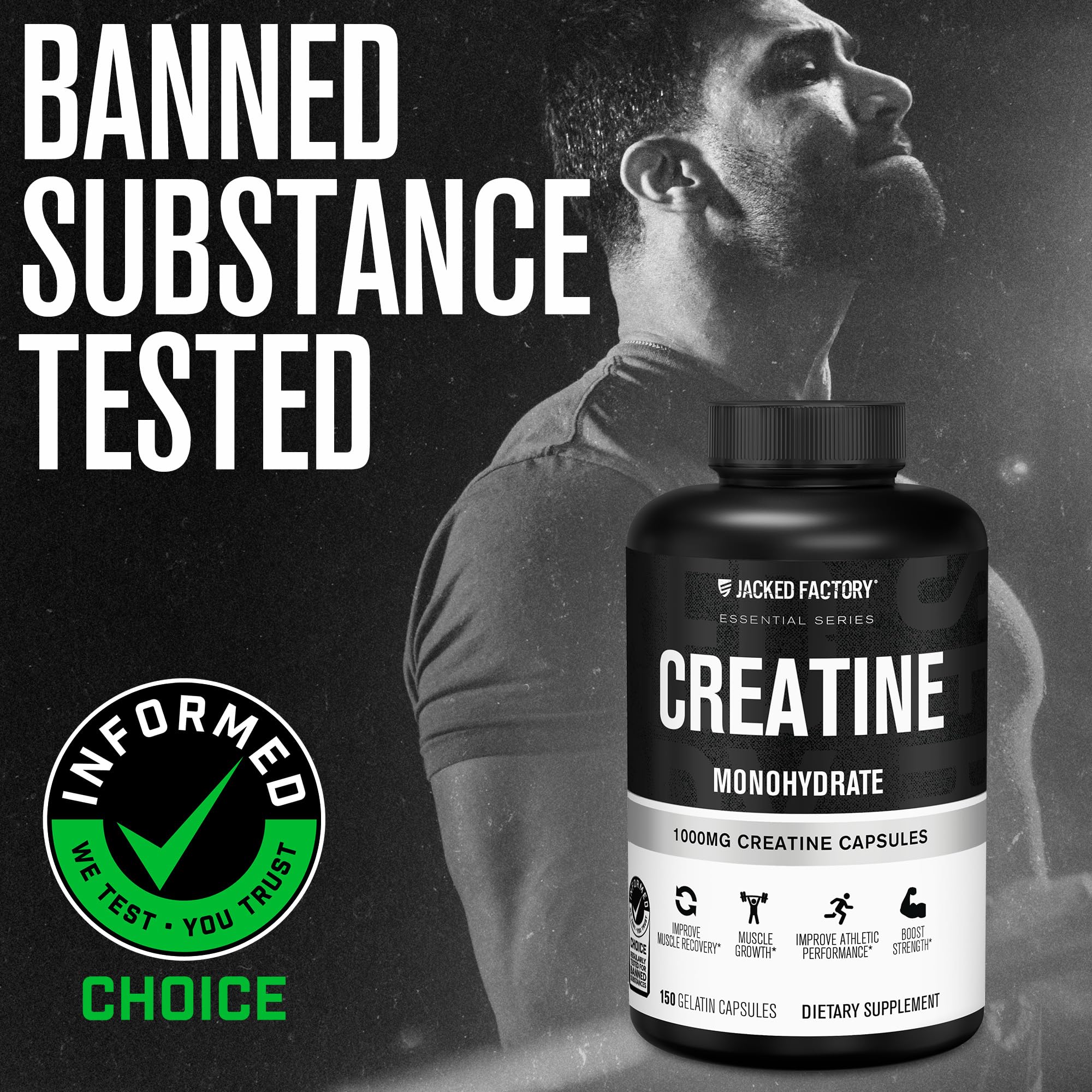 Jacked Factory Creatine Monohydrate Capsules - Creatine Pills for Muscle Growth, Increased Strength, Enhanced Energy Output and Improved Athletic Performance - 150 Capsules Jacked Factory Au supplements