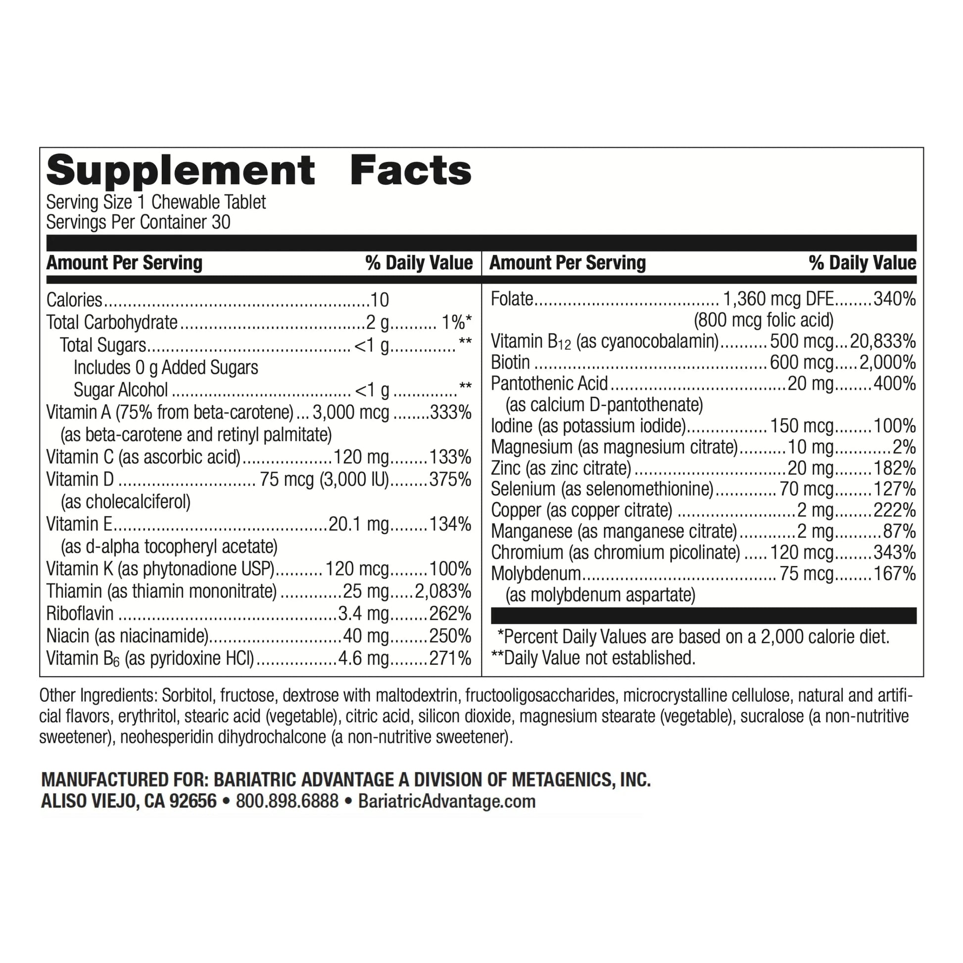 Bariatric Advantage Chewable Ultra Solo Without Iron - Once-Per-Day Daily Multivitamin - for Bariatric Surgery Patients Bariatric Advantage Au supplements
