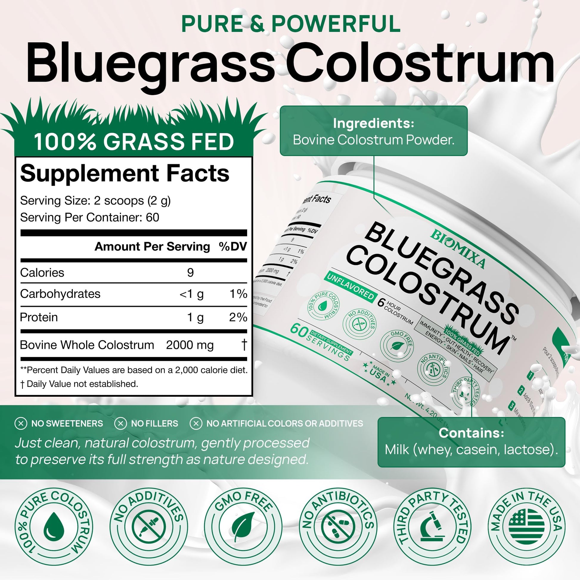 Bovine Colostrum Supplement - 100% Pure Whole Colostrum Powder - Grass-Fed, Unflavored, No Additives, Gut & Immune Support, Natural IgG, 60 Servings - Made in USA Bluegrass Colostrum Au supplements