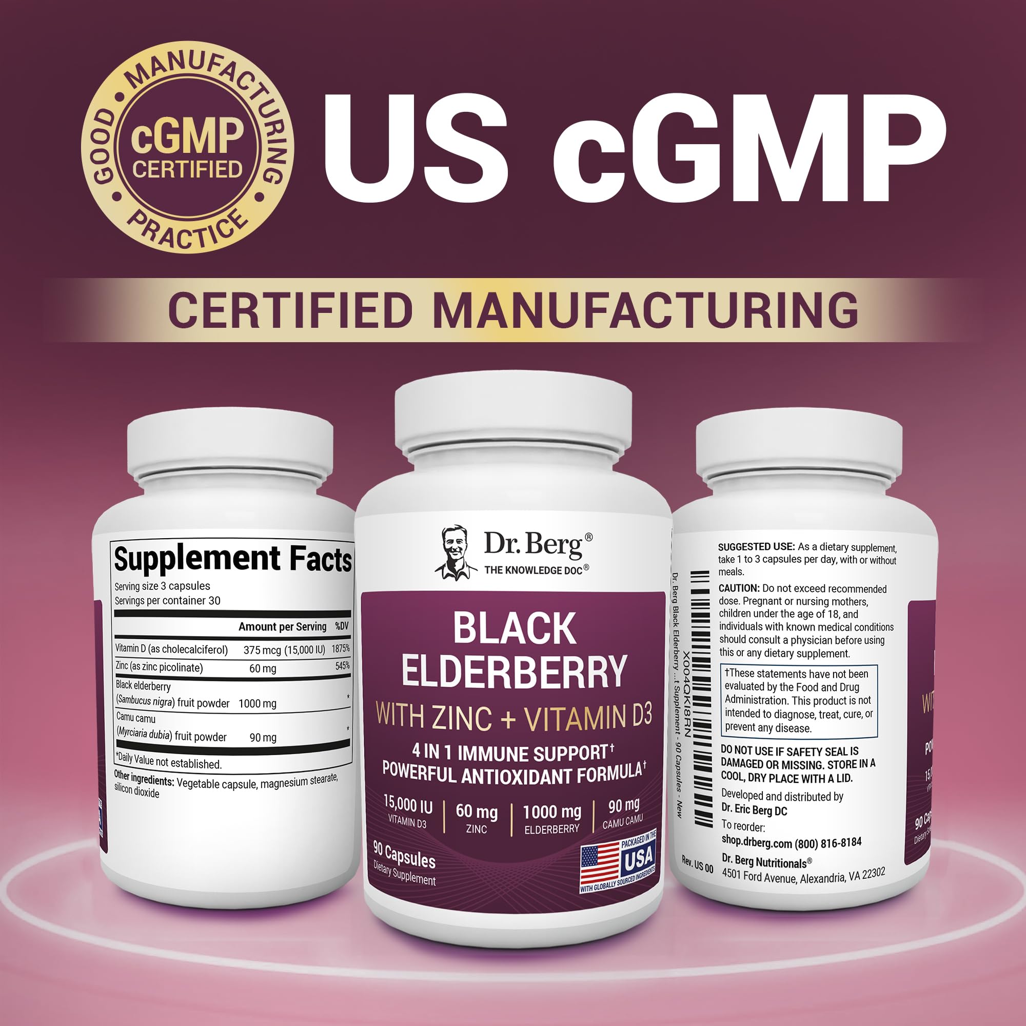 Dr. Berg Black Elderberry Capsules (Advanced Immune Support*) with 15,000 IU Vitamin D, 60 mg of Zinc, & 90 mg of Camu Camu - (4-in-1) Sambucus Elderberry Immune Support Supplement - 90 Capsules Dr. Berg Nutritionals Au supplements