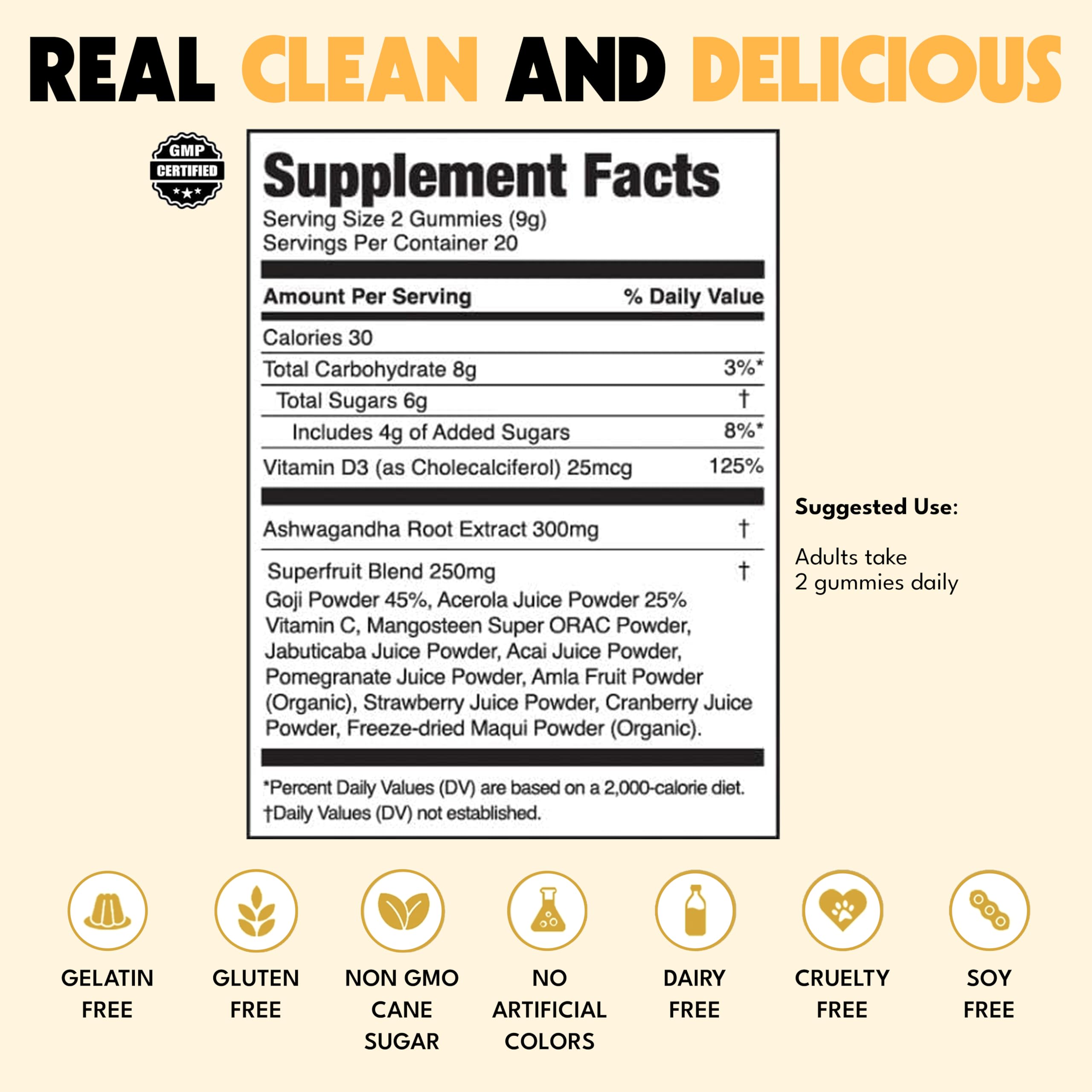JUGO Focus + SUPERFOODS Ashwagandha Gummies with Vitamin D3 & Superfruit Blend, Vegetarian-Friendly Focus Supplement with Adaptogens, Gelatin-Free and Gluten-Free, Non-GMO, Made in USA, 40 Coun JUGO LLC Au supplements