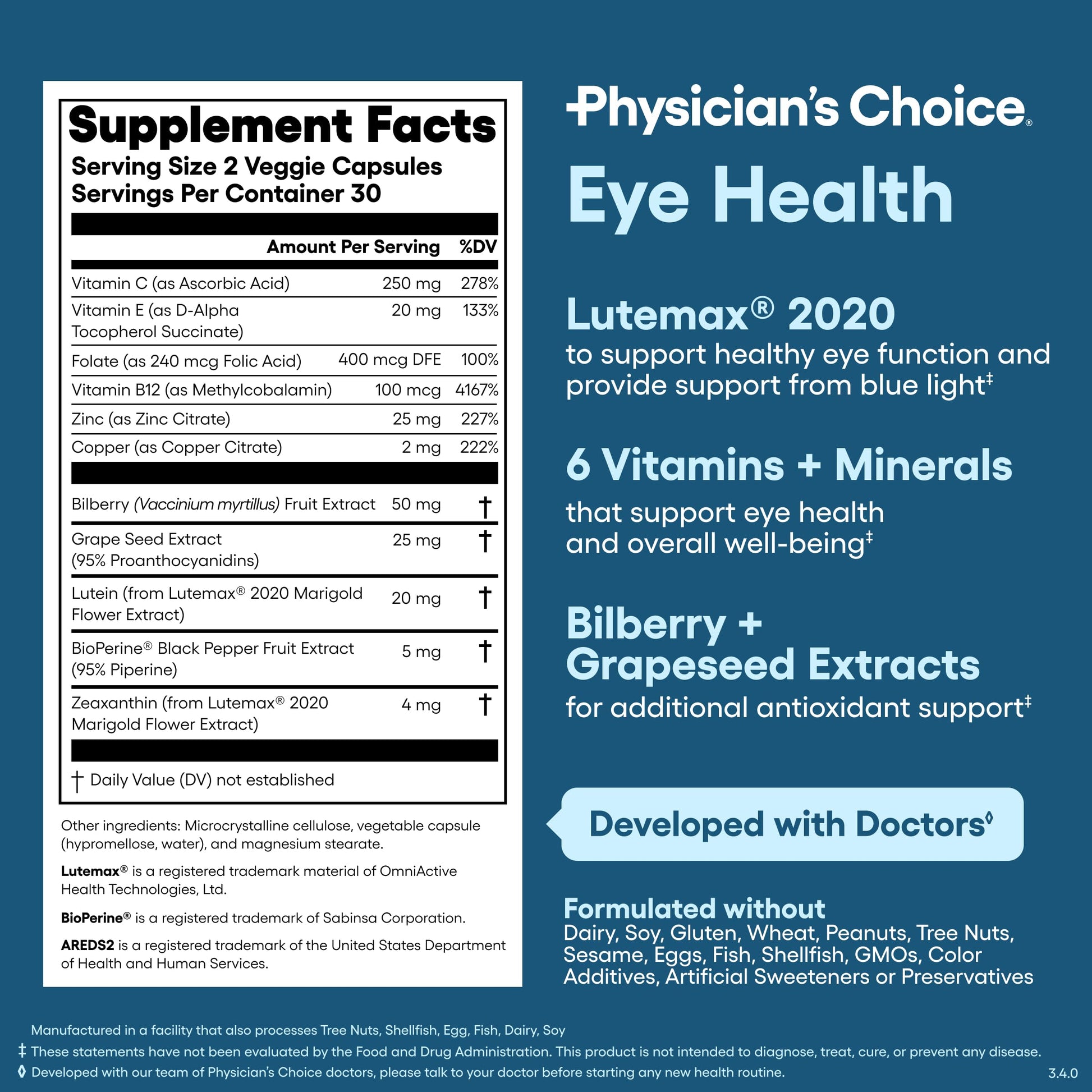 Physician's Choice Eye Health - Lutein, Zeaxanthin & Bilberry Extract - Supports Eye Strain, Dry Eyes, and Vision Health - 2 Award-Winning Clinically Proven Eye Vitamin Ingredients - Carotenoid Blend Physician's CHOICE Au supplements