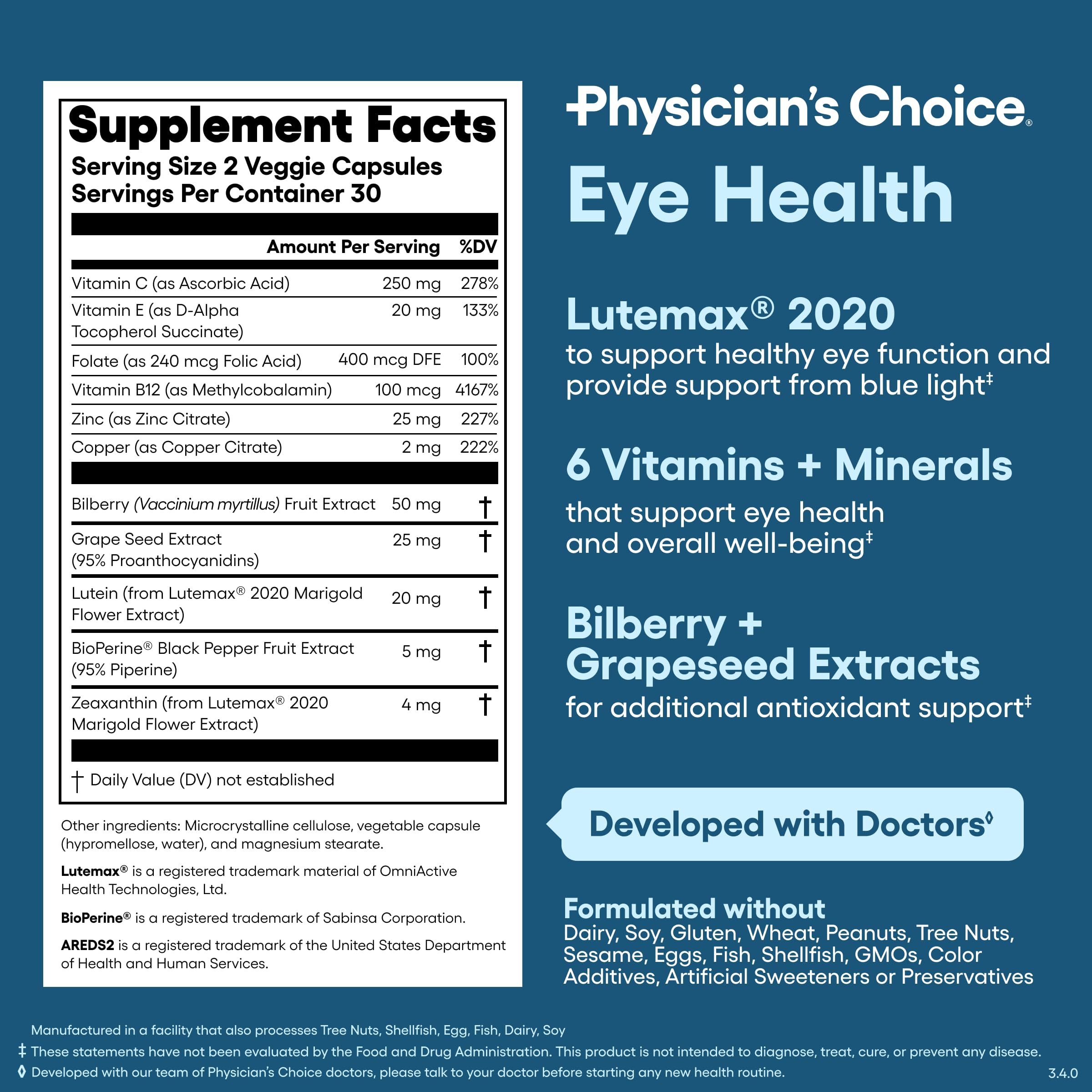 Physician's Choice Eye Health - Lutein, Zeaxanthin & Bilberry Extract - Supports Eye Strain, Dry Eyes, and Vision Health - 2 Award-Winning Clinically Proven Eye Vitamin Ingredients - Carotenoid Blend Physician's CHOICE Au supplements
