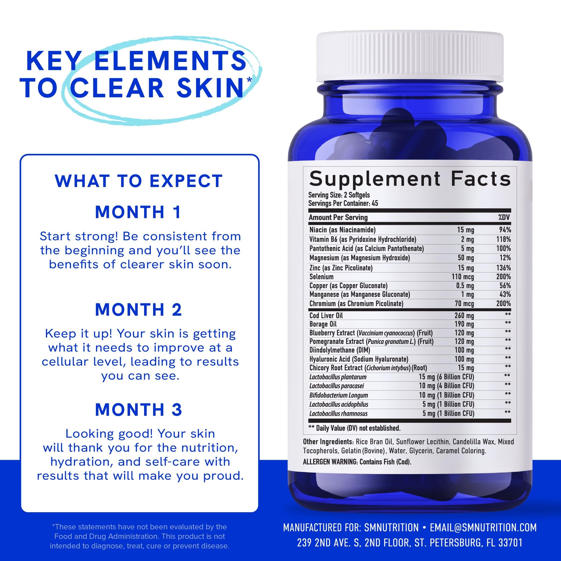Clear Skin Supplement with Zinc, DIM & Probiotics | 3-in-1 Balance, Glow & Health Skin Support | Triple Action Hyaluronic Acid, Niaciminide & Vitamins for Hormone, Complexion & Gut Support | 180 Ct SMNutrition Au supplements
