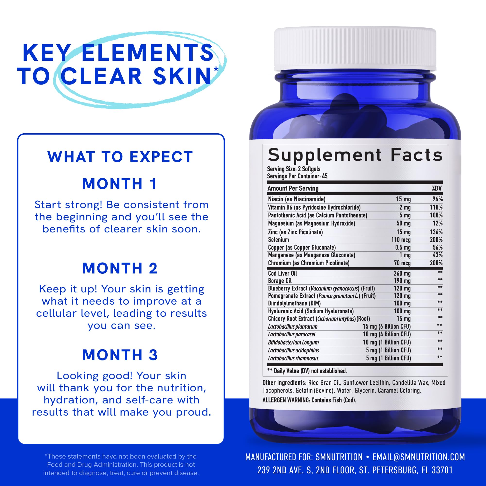 Clear Skin Supplement with Zinc, DIM & Probiotics | 3-in-1 Balance, Glow & Health Skin Support | Triple Action Hyaluronic Acid, Niaciminide & Vitamins for Hormone, Complexion & Gut Support | 180 Ct SMNutrition Au supplements