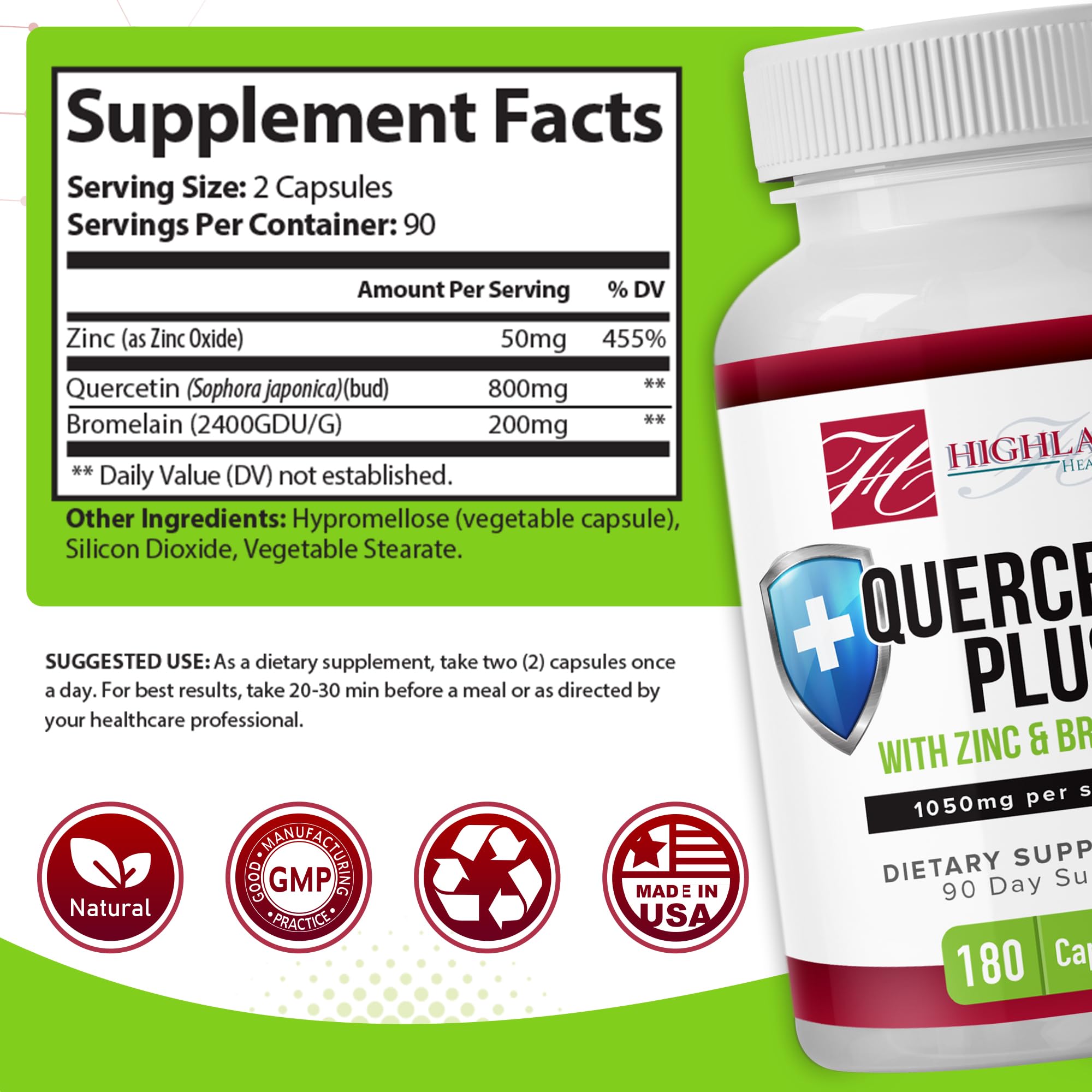 Highland Health Foods Quercetin Plus Bromelain and Zinc 180 Capsules - Immune Support Supplement for Adults, Teens, Seniors - Quercetin with Bromelain for Immune Support Highland Health Foods Au supplements