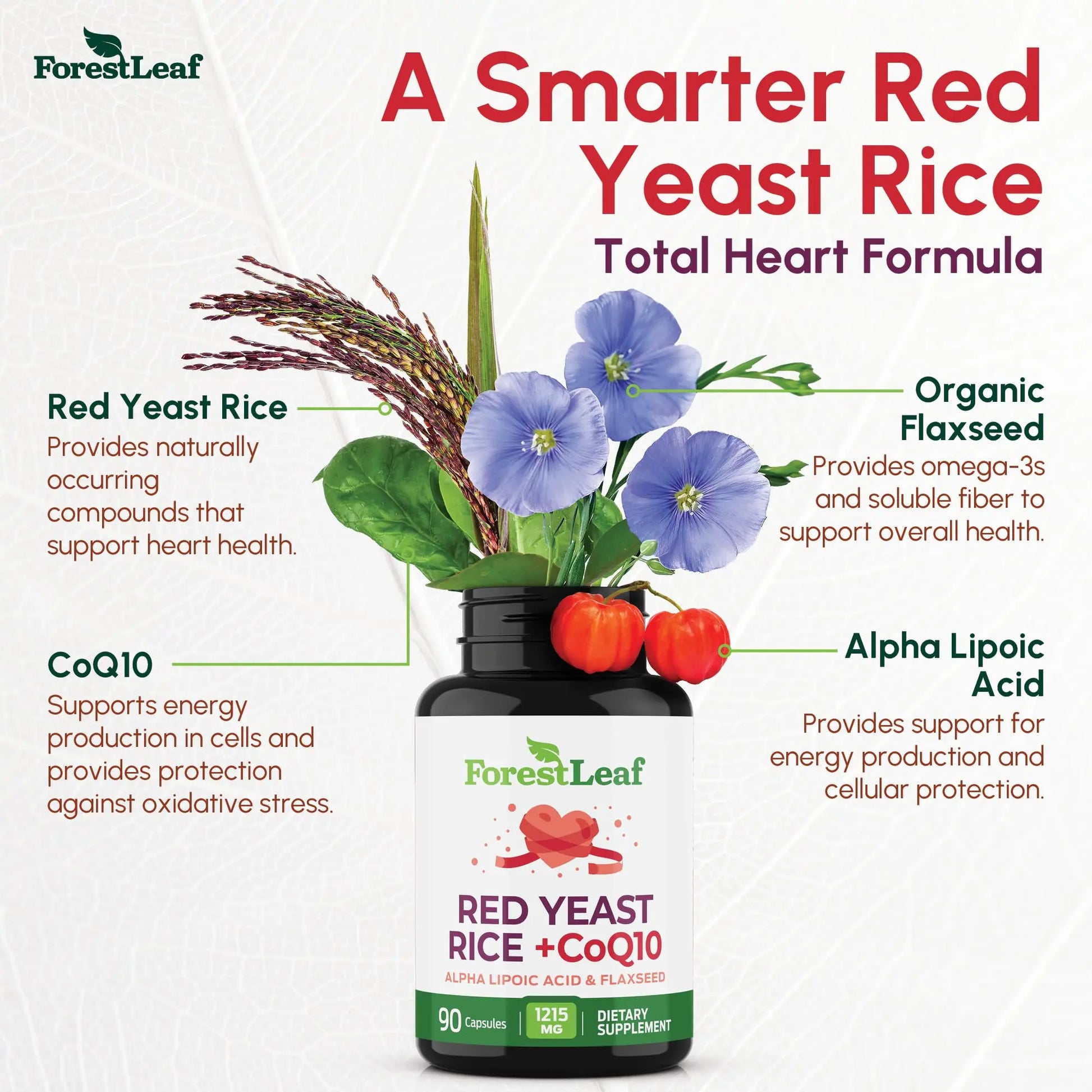 Red Yeast Rice 1215 mg. Capsules - Extra Strength Red Rice Yeast with CoQ10 Supplement, Plus Alpha Lipoic Acid & Organic Flaxseed, Citrinin Free, Supports Cardiovascular Health, Non-GMO 90 Veggie Caps ForestLeaf Au supplements