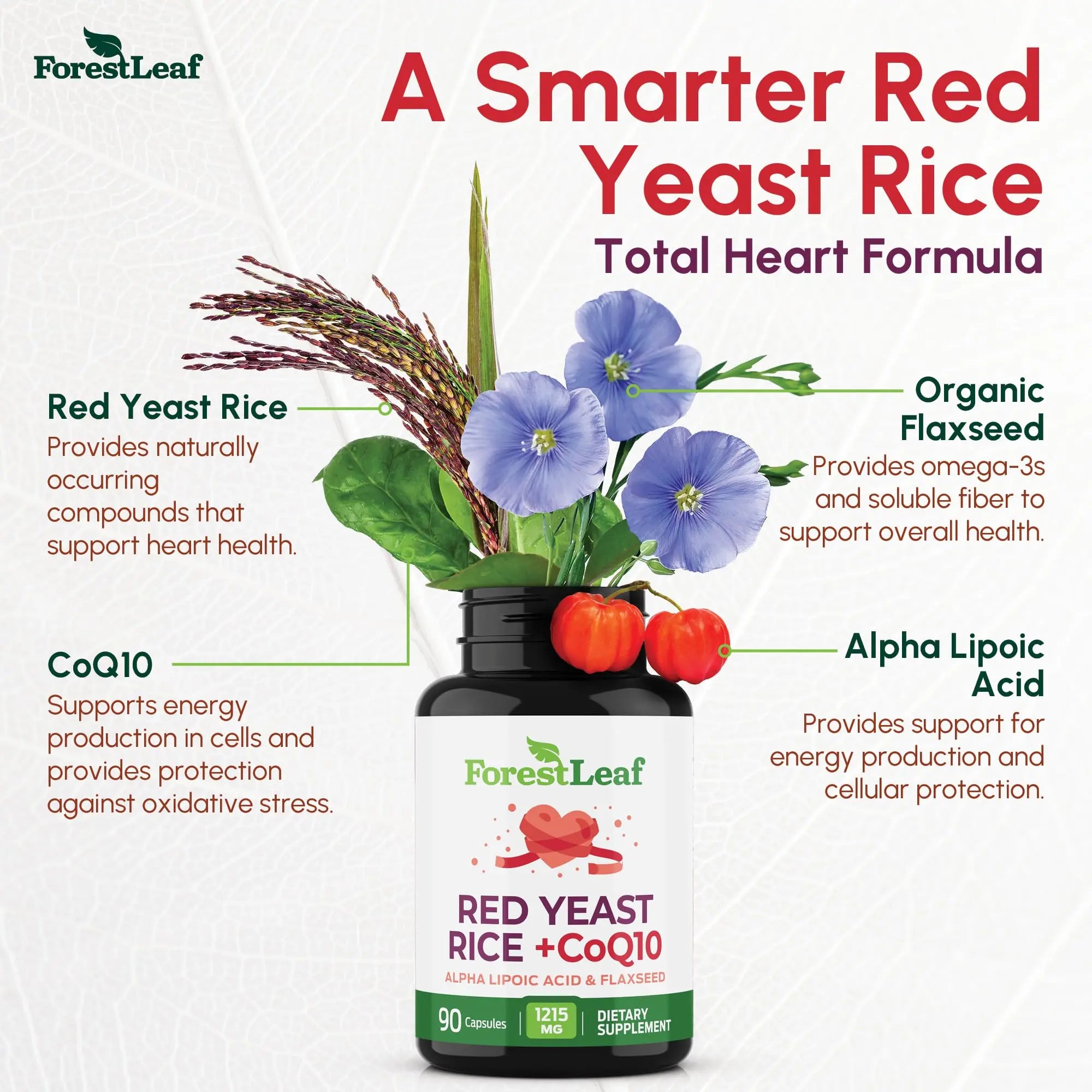 Red Yeast Rice 1215 mg. Capsules - Extra Strength Red Rice Yeast with CoQ10 Supplement, Plus Alpha Lipoic Acid & Organic Flaxseed, Citrinin Free, Supports Cardiovascular Health, Non-GMO 90 Veggie Caps ForestLeaf Au supplements